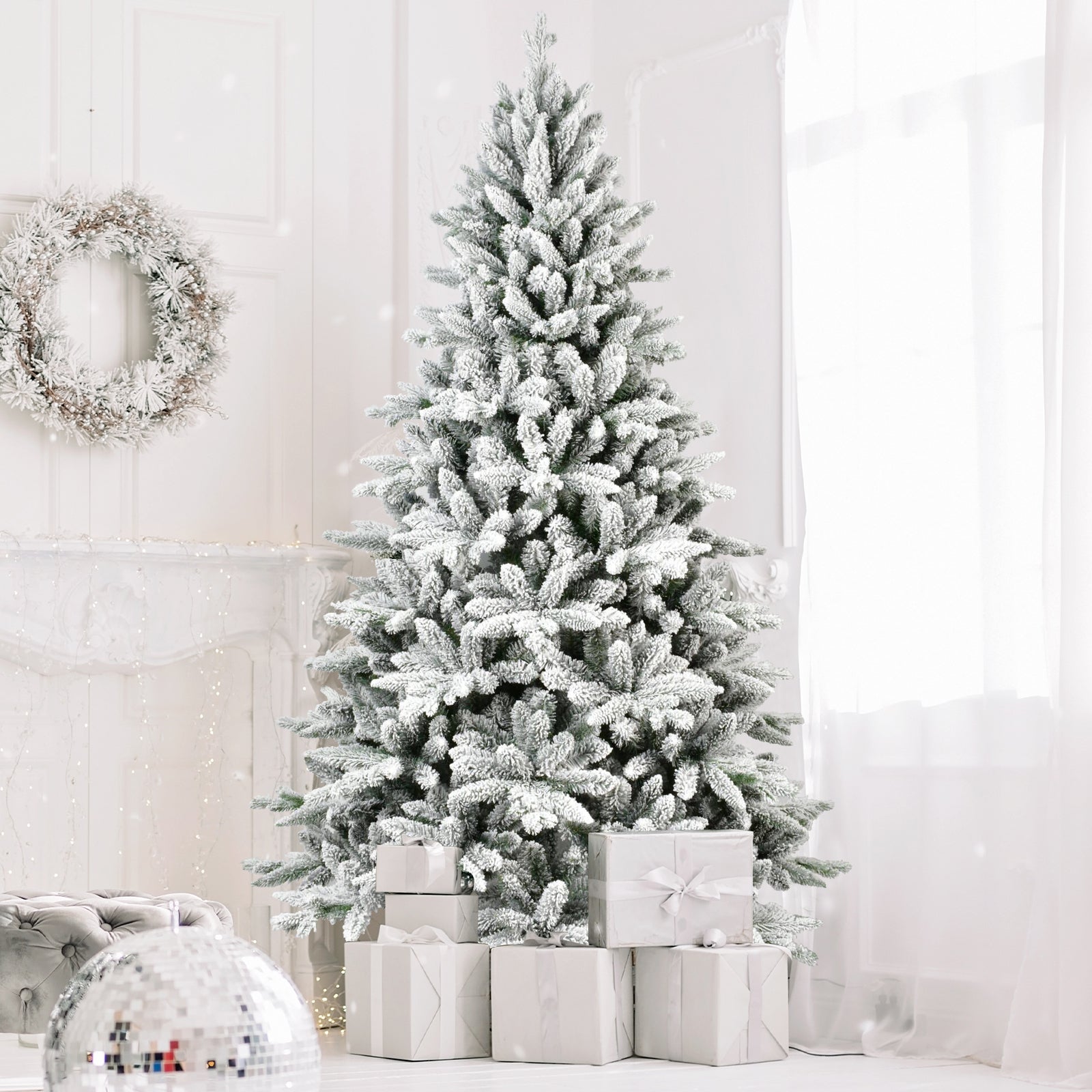HAOYYE 7FT PE & PVC Flocked Artificial Christmas Tree ,With 1514 branch tips and metal stand,Foldable Fake Tree with Realistic Snowy Foliage for Home Decoration Sturdy Space-Saving Heavy Duty Modern Design