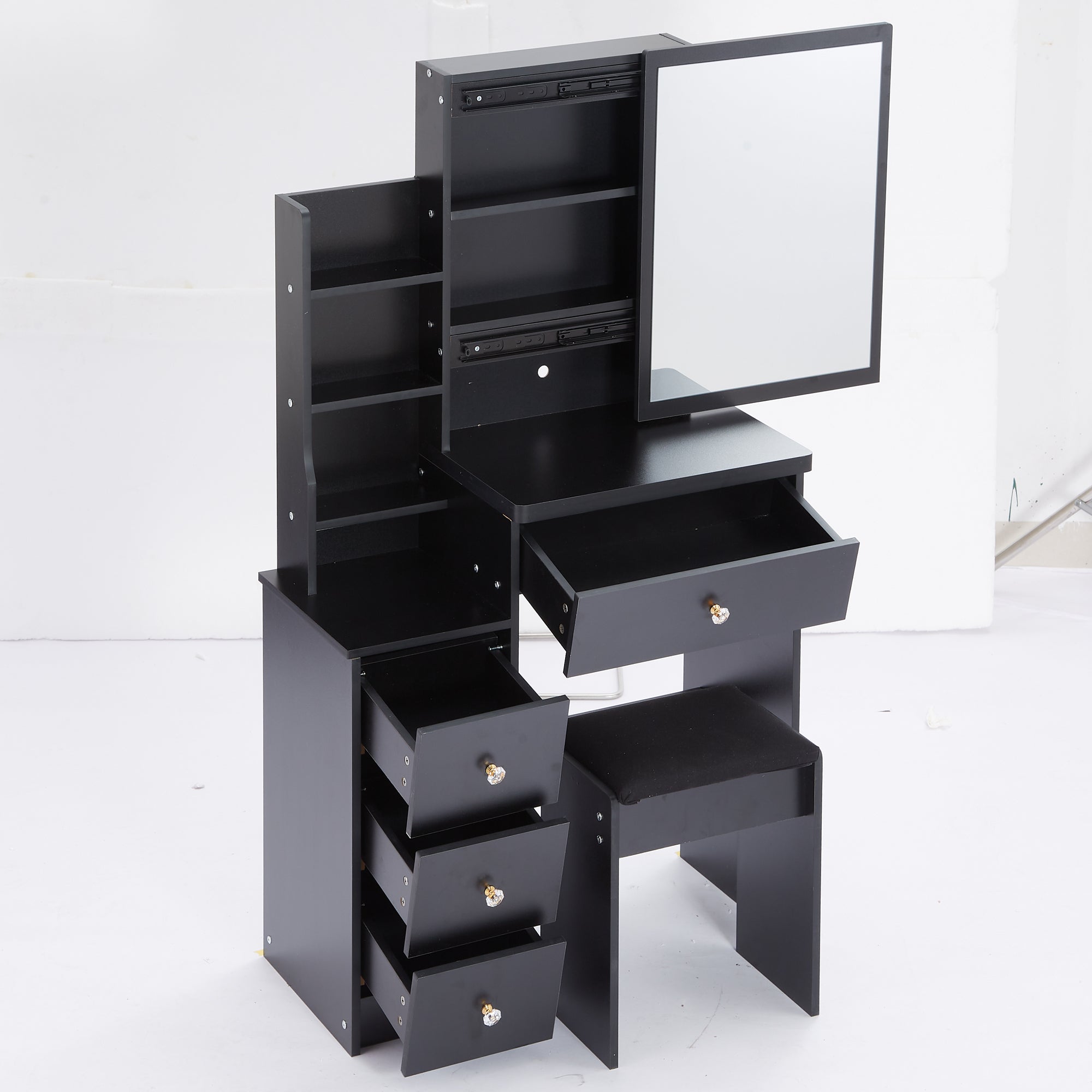 HAOYYE Compact Left-Side Bedside Vanity Table With Cushioned Stool, Sliding Mirror, Multi-Layer High Capacity Storage, Stylish Design, Perfect For Small Spaces, Certified EPA, GCC, UL