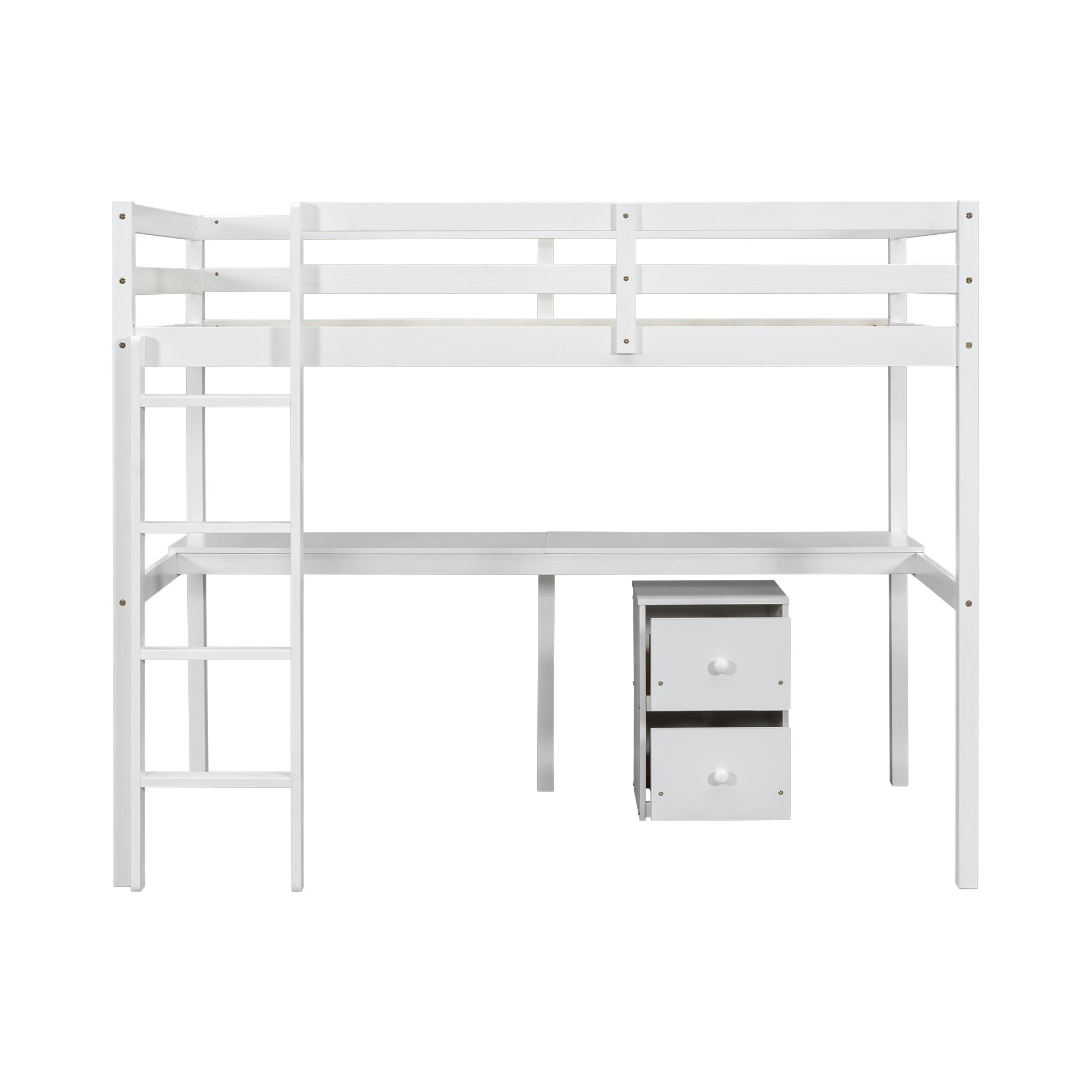 HAOYYE Twin Loft Wood Bed with Under-Bed Built-In Desk and Two-Drawer Storage Cabinet, Guardrails, and Ladder, White Sturdy Space-Saving Design, Heavy Duty Construction, Easy Assembly, Durable Stylish Home Furniture