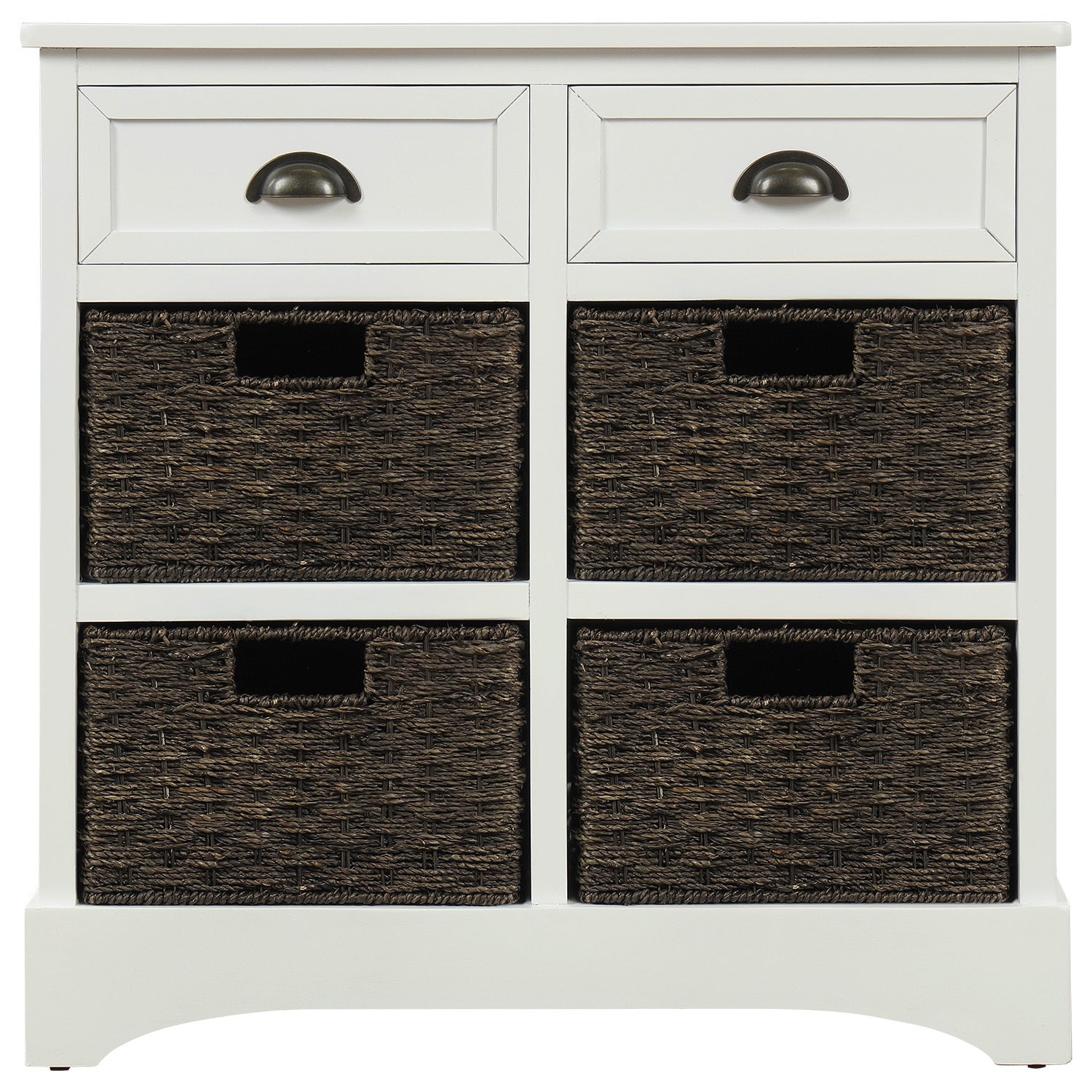 HAOYYE Rustic Storage Cabinet with Two Drawers and Four Classic Rattan Baskets for Dining Room or Living Room, White, Sturdy Space-Saving Design, Heavy Duty Construction, Easy Assembly, Durable and Stylish Home Furniture