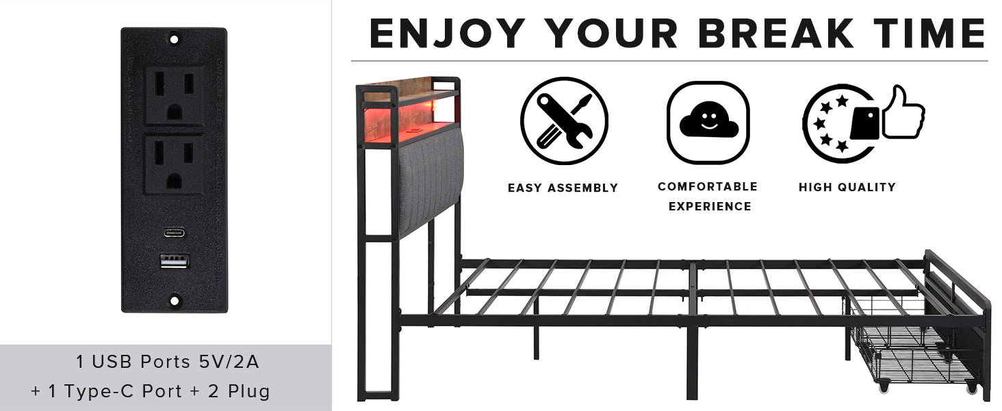 HAOYYE Queen Bed Frame with Storage Headboard and Drawers, LED Upholstered Platform Bed Frame with Built-in Charging Station, No Box Spring Needed, Easy Assembly, Sturdy and Space-Saving Design in Grey for Adults