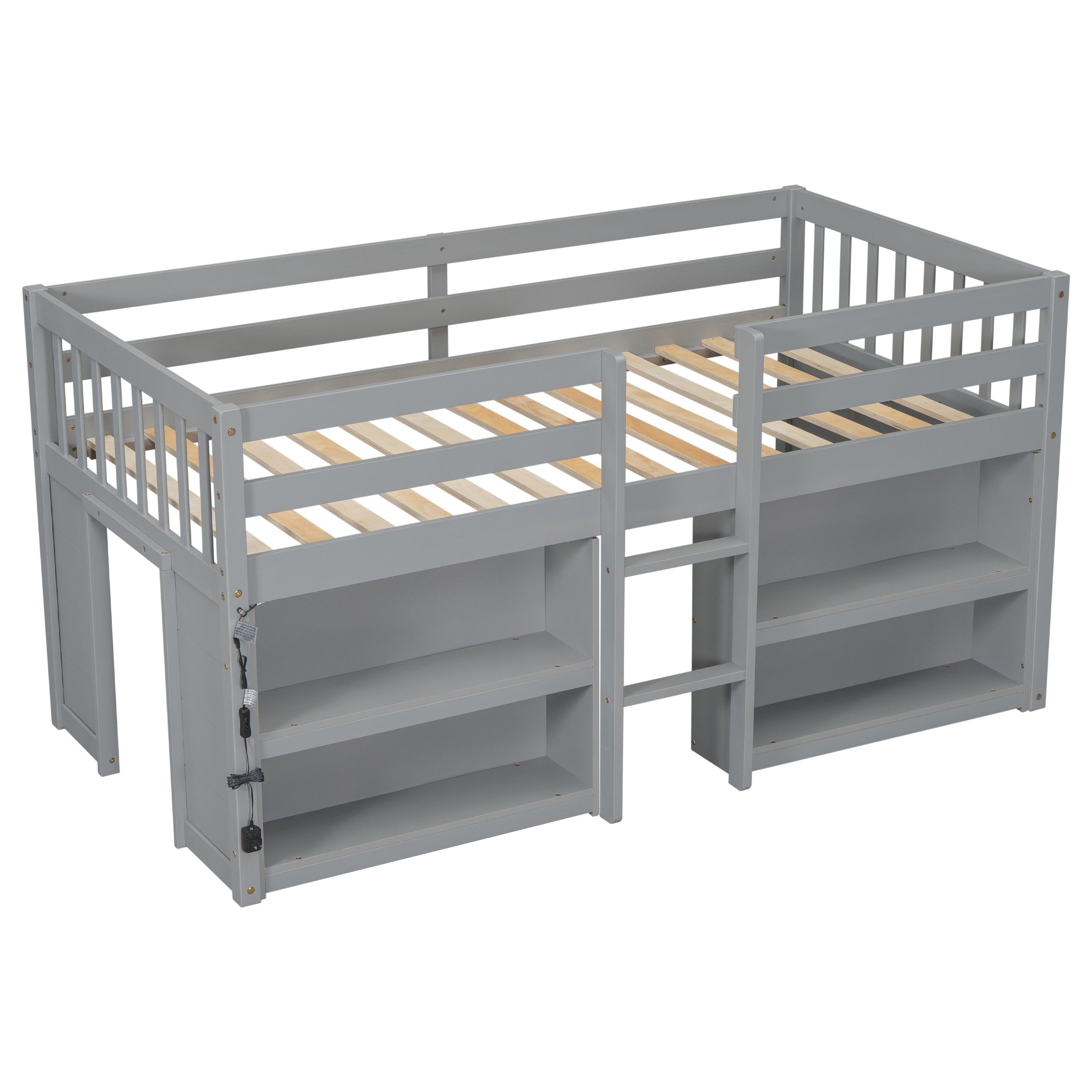 HAOYYE Twin Size Kid Low Loft Bed With Two-Tier Shelves And LED Light For Grey Color Sturdy Space-Saving Heavy Duty Modern Design Adults Dorm Room Easy Assembly Bedroom Furniture