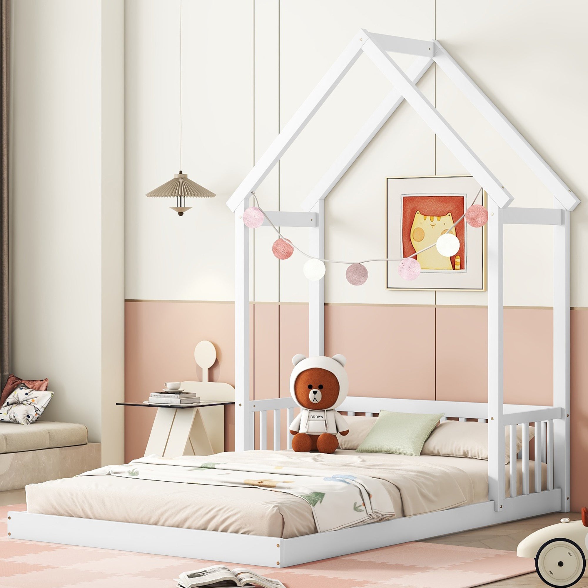 HAOYYE Full Roof-framed Headboard Floor Bed with Headboard Guardrails, without Slats White Sturdy Space-Saving Heavy Duty Modern Design Adults Dorm Room Easy Assembly Bedroom Furniture