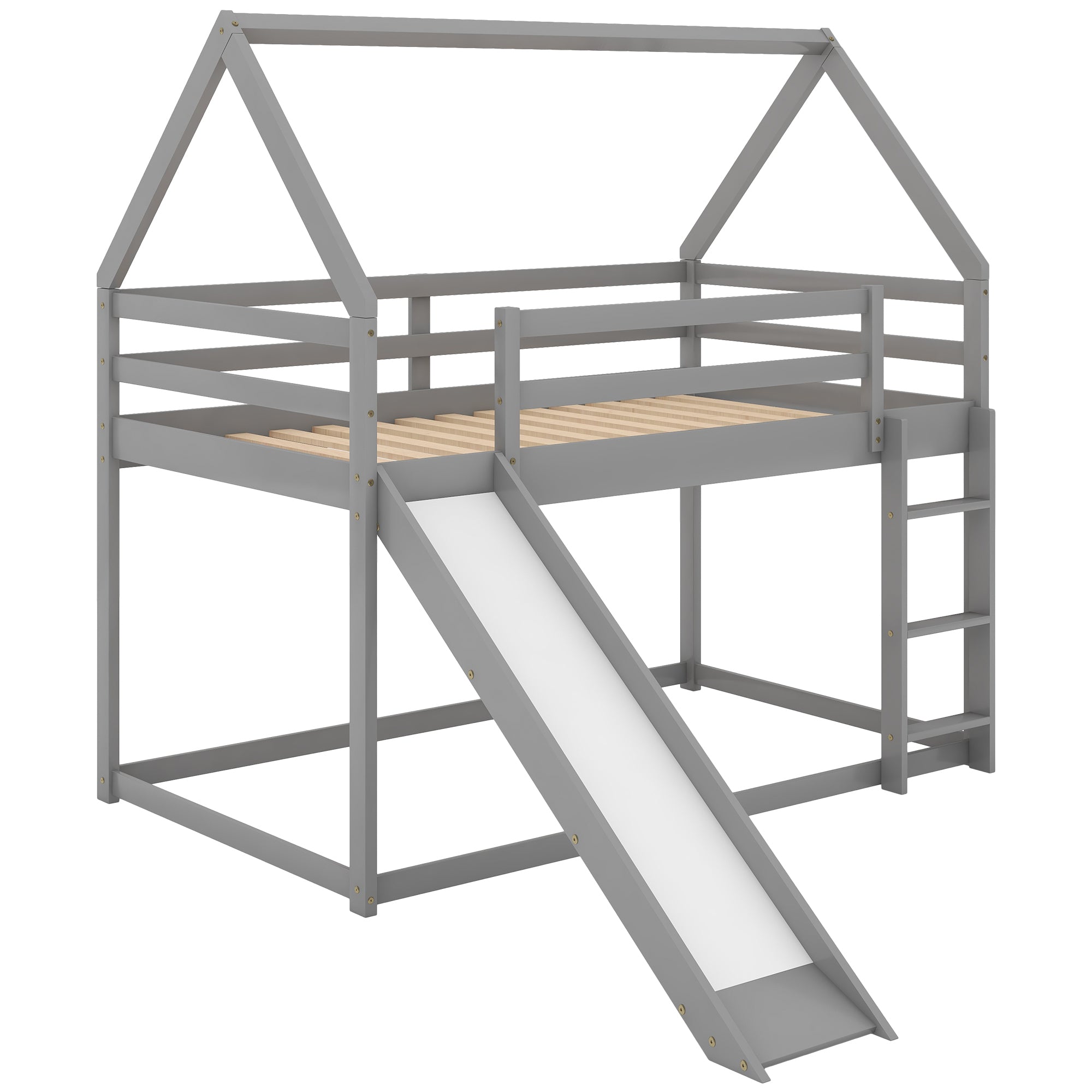 HAOYYE Twin Size Bunk House Bed with Slide and Ladder,Gray Sturdy Space-Saving Heavy Duty Modern Design Adults Dorm Room Easy Assembly Bedroom Furniture