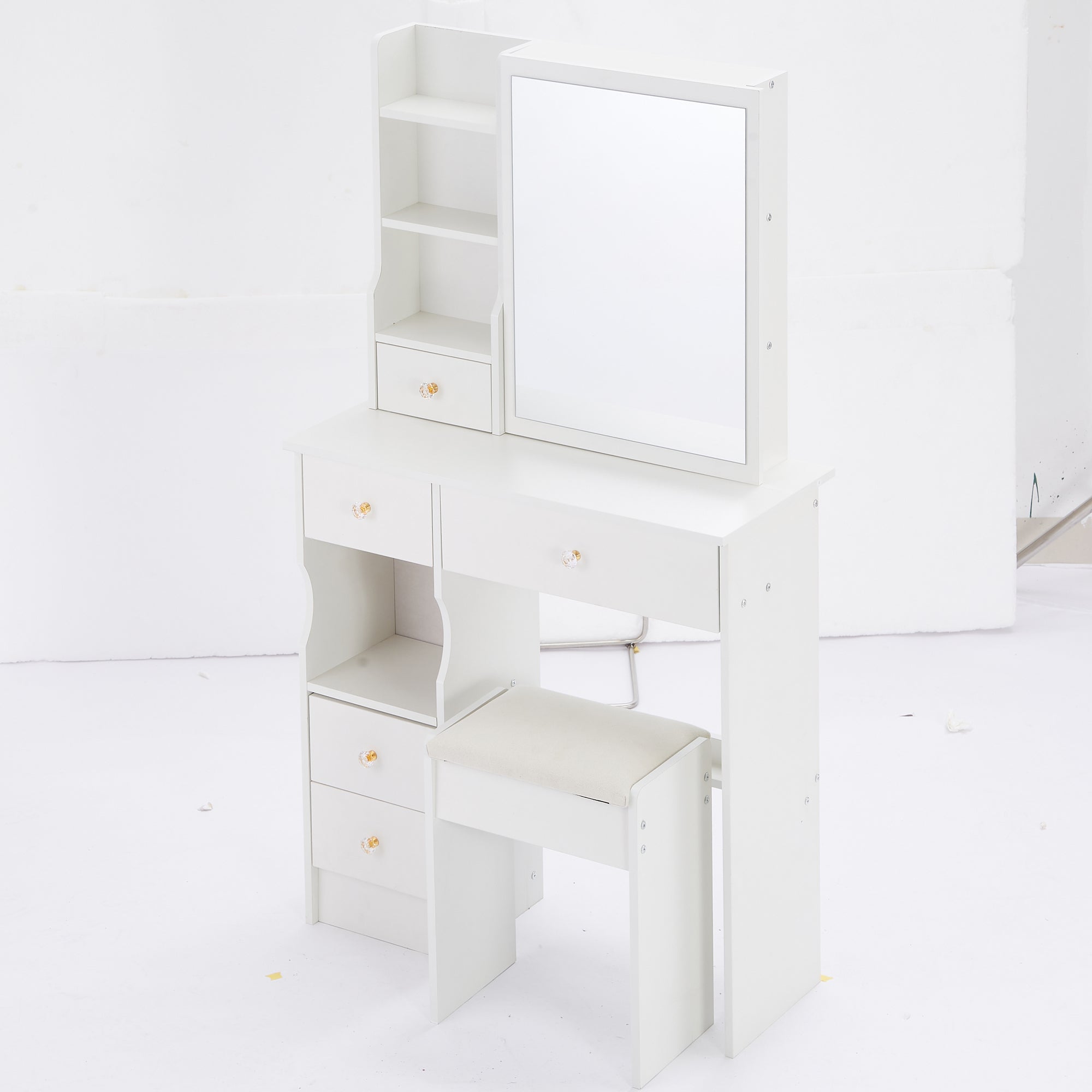 HAOYYE Small Size Left Drawer Desktop Vanity Table + Cushioned Stool, Extra Large Sliding Mirror, Multi Layer, High Capacity Storage Fashionable Dresser, Suitable for Small Space, EPA,GCC,UL Certificate