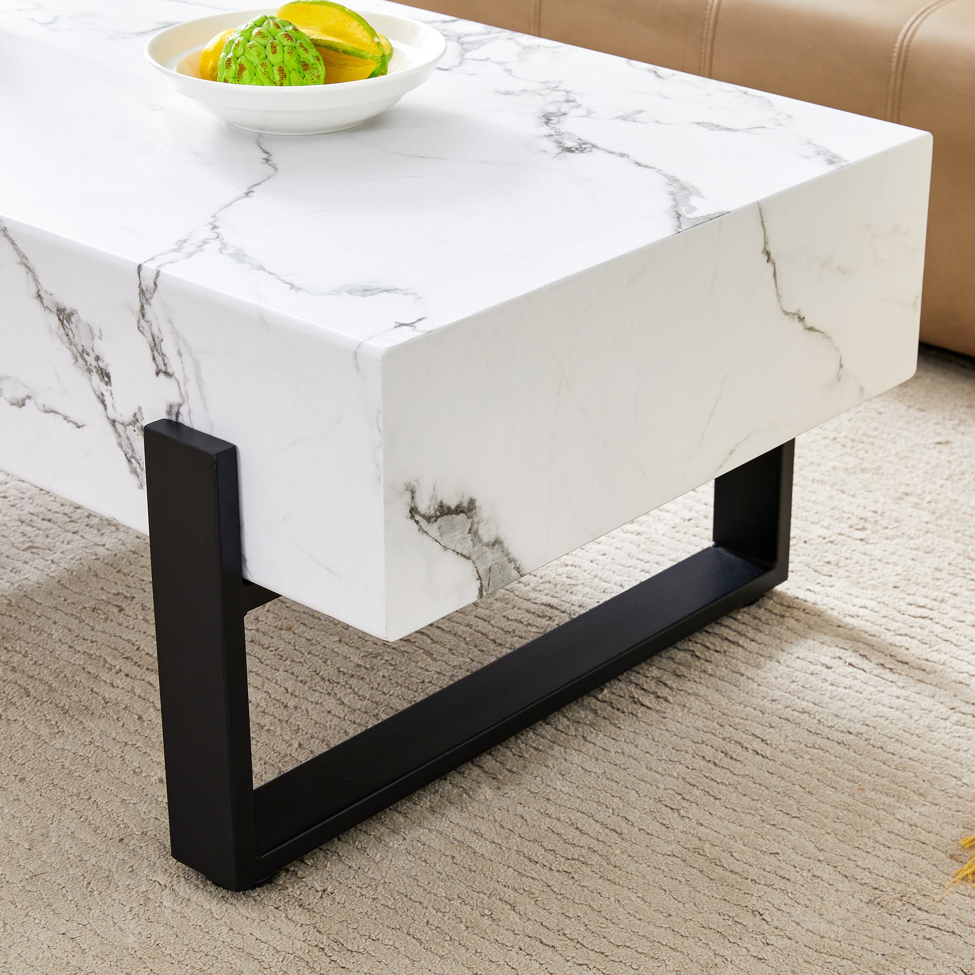 HAOYYE Black And White Minimalist MDF Coffee Table With Marble Pattern Sticker And Black Metal Leg Spray Coating, Modern And Simple Design For Living Room, Bedroom And Office, Sturdy Space-Saving Heavy Duty Furniture For Contemporary Home Decor