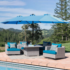 HAOYYE 15x9ft Large Double Sided Rectangular Outdoor Patio Market Umbrella with Lights and Base Blue Twin Canopy Sun Shade for Deck Garden Pool Backyard Balcony Heavy Duty UV Resistant Waterproof Fabric Easy Crank Lift