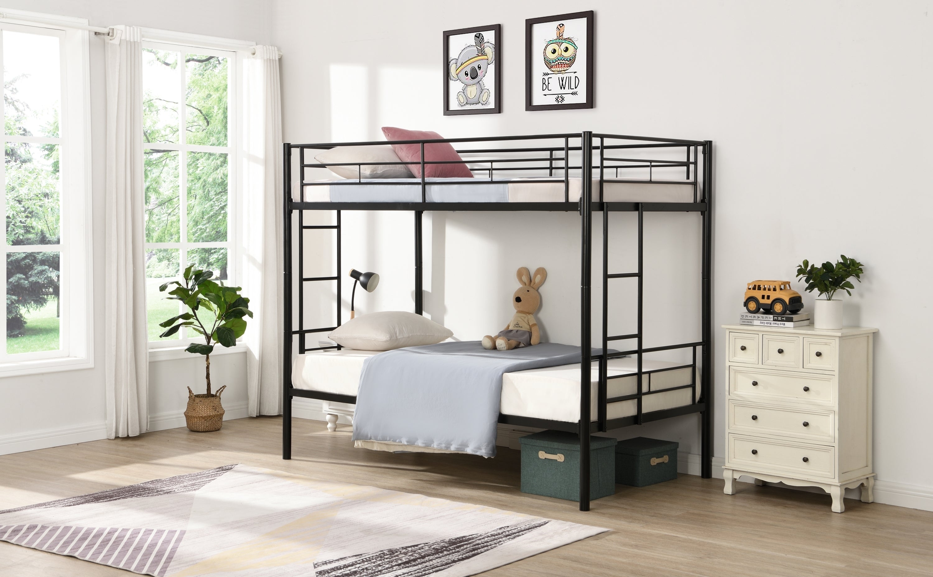 HAOYYE Bunk Bed Twin Over Twin Size with 2 Ladders and Full-Length Guardrail, Metal, Storage Space, No Box Spring Needed, Noise Free, Black Sturdy Space-Saving Heavy Duty Modern Design Easy Assembly Durable