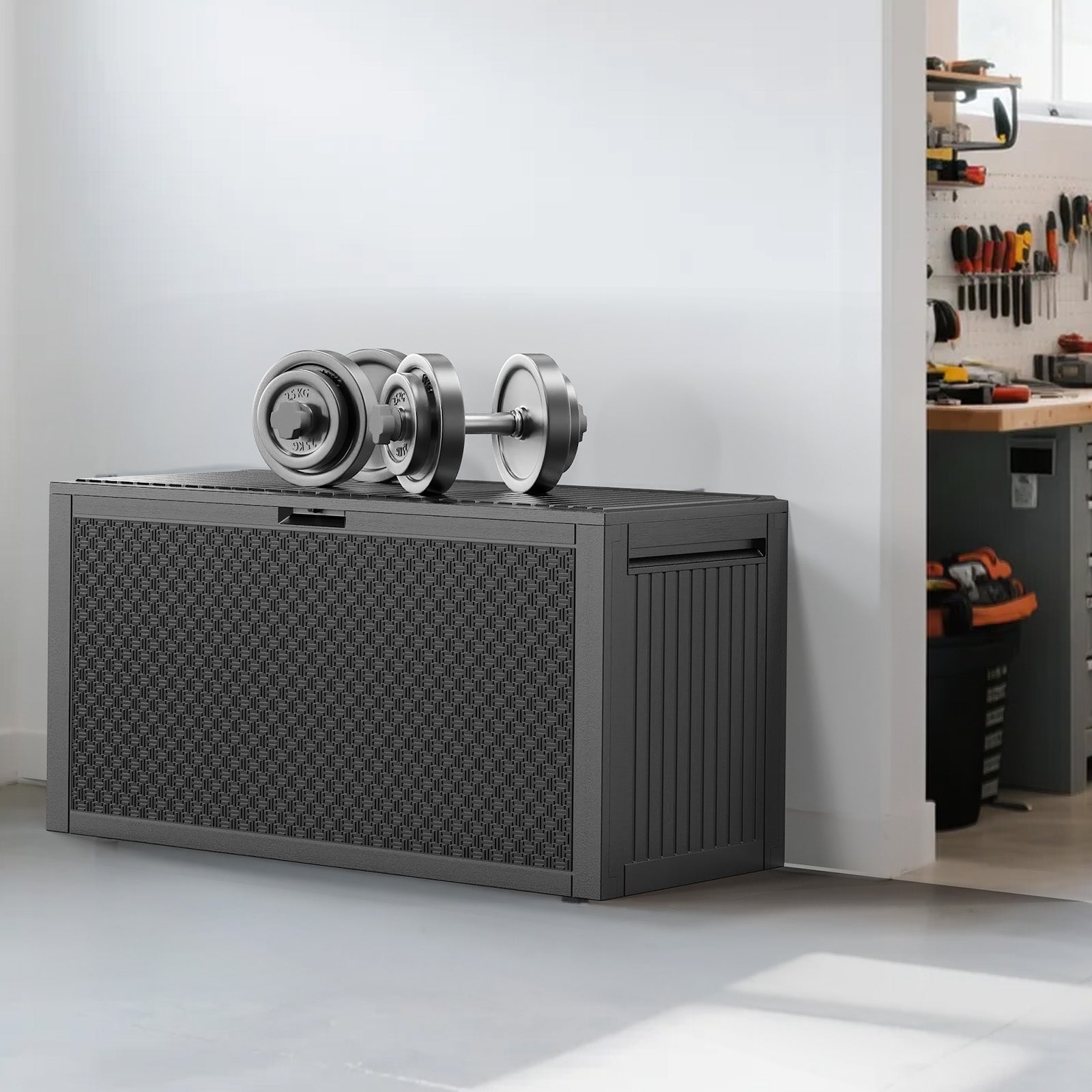 HAOYYE Black Outdoor Storage Deck Box Plastic Chest with Lockable Lid and Wheels Waterproof UV Resistant 90Gal Capacity for Garden Tools Patio Cushions BBQ Gear Garage Organization
