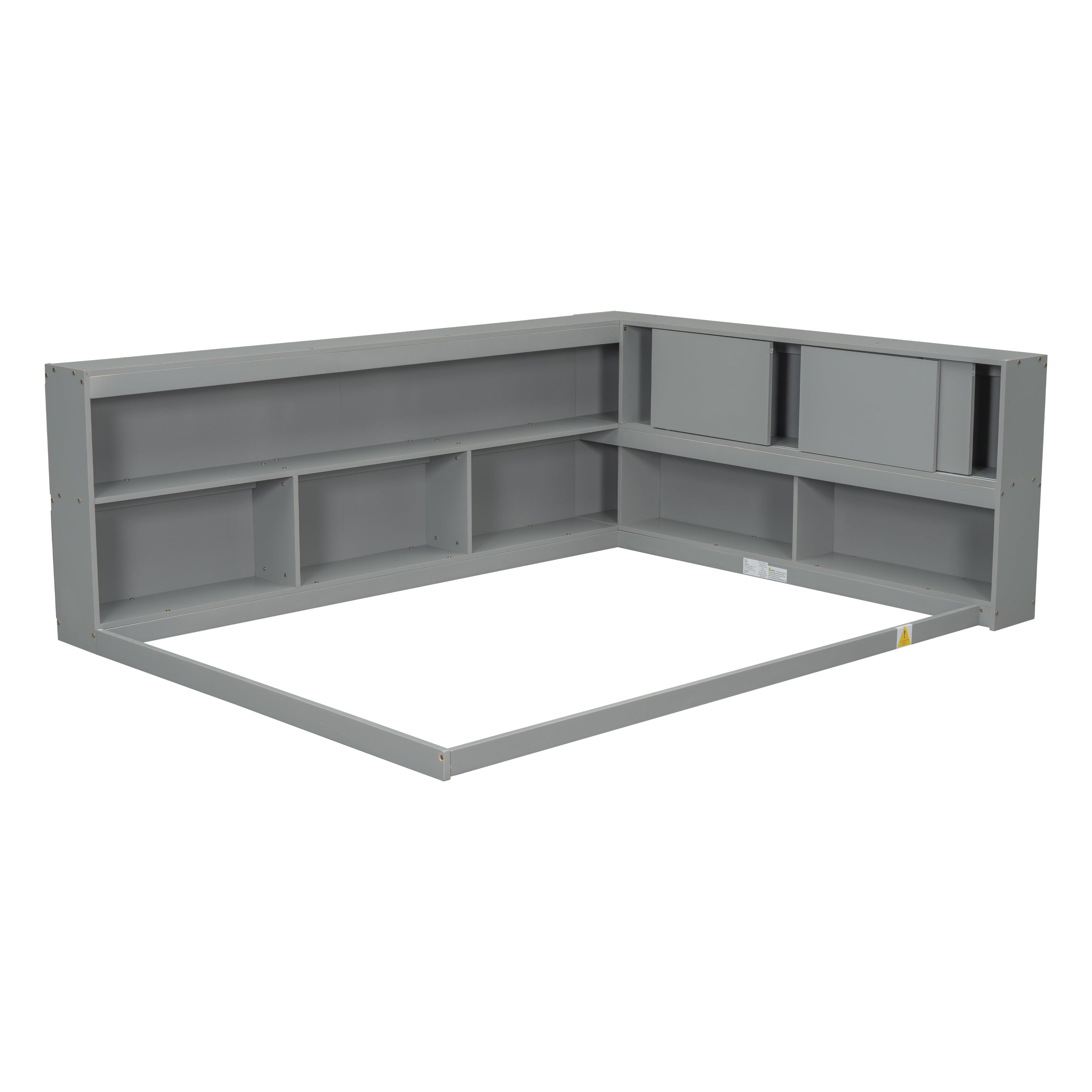 HAOYYE Full Floor Bed with L-shaped Bookcases, sliding doors,without slats,Grey Sturdy Space-Saving Heavy Duty Modern Design Easy Assembly Durable Stylish Home Furniture Versatile
