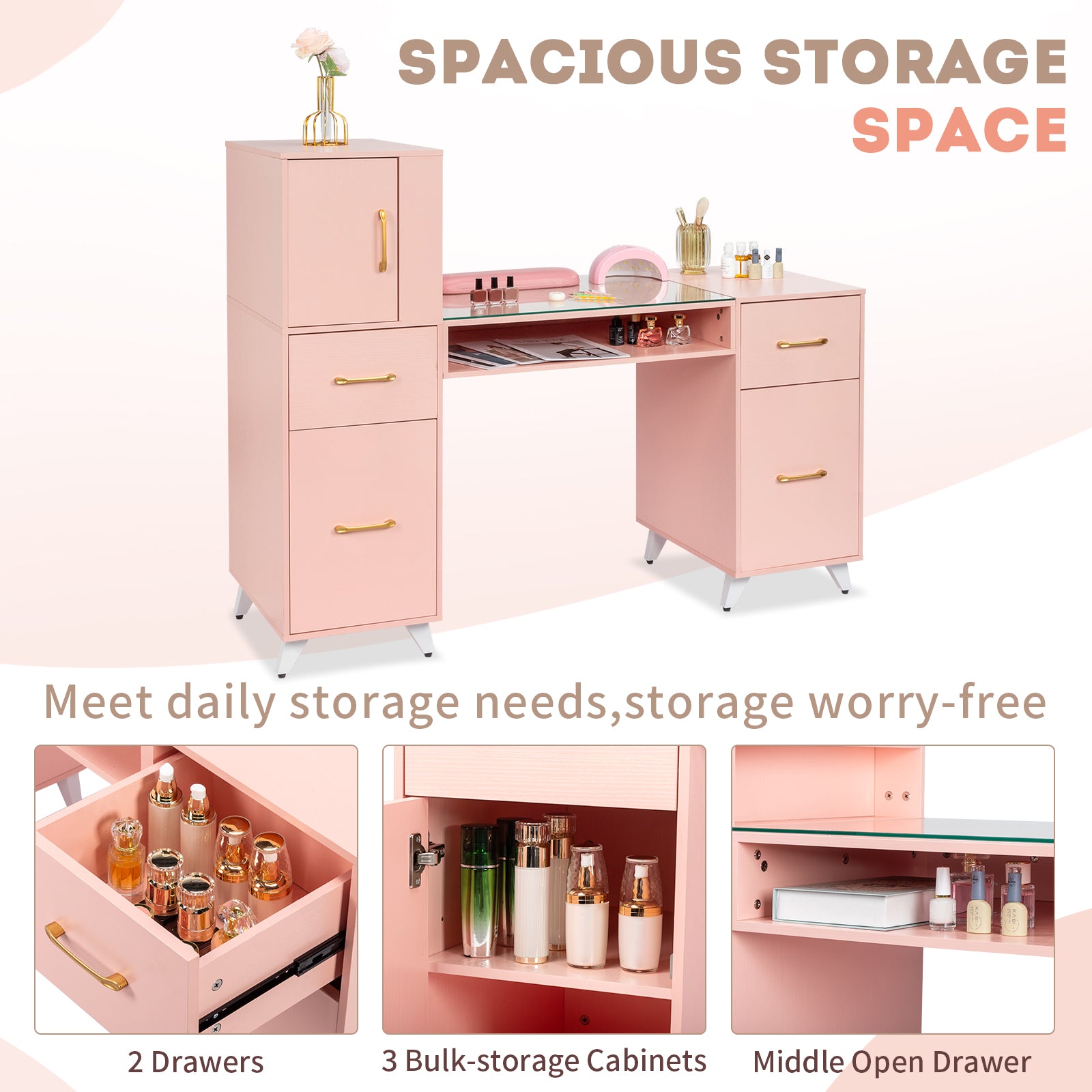 HAOYYE Pink Nail Table with Tempered Glass Top and Relief Particle Board Finish, Featuring Three Doors and Two Drawers, Fanless Quiet Design Perfect for Salon Manicure Station or Home Beauty Workspace