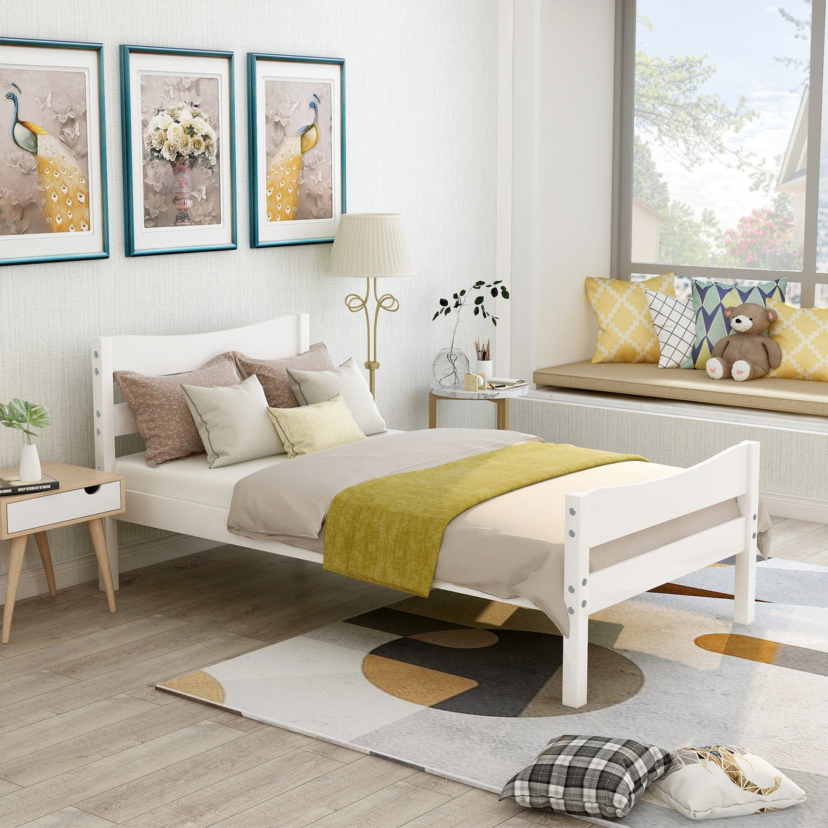 HAOYYE Twin Size Wood Platform Bed with Headboard and Wooden Slat Support (White) Sturdy Space-Saving Heavy Duty Modern Design Easy Assembly Durable Stylish Home Furniture