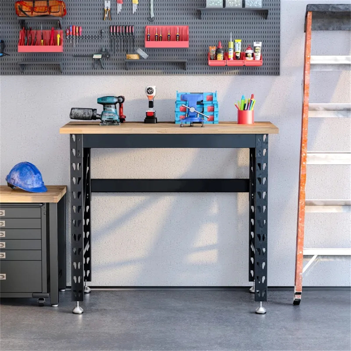 HAOYYE Garage Work Bench with Adjustable Footpads Wood Tabletop Heavy Duty Workstation Tool Table for Workshop Home Office Utility Workbench for Repair Assembly Craft Projects