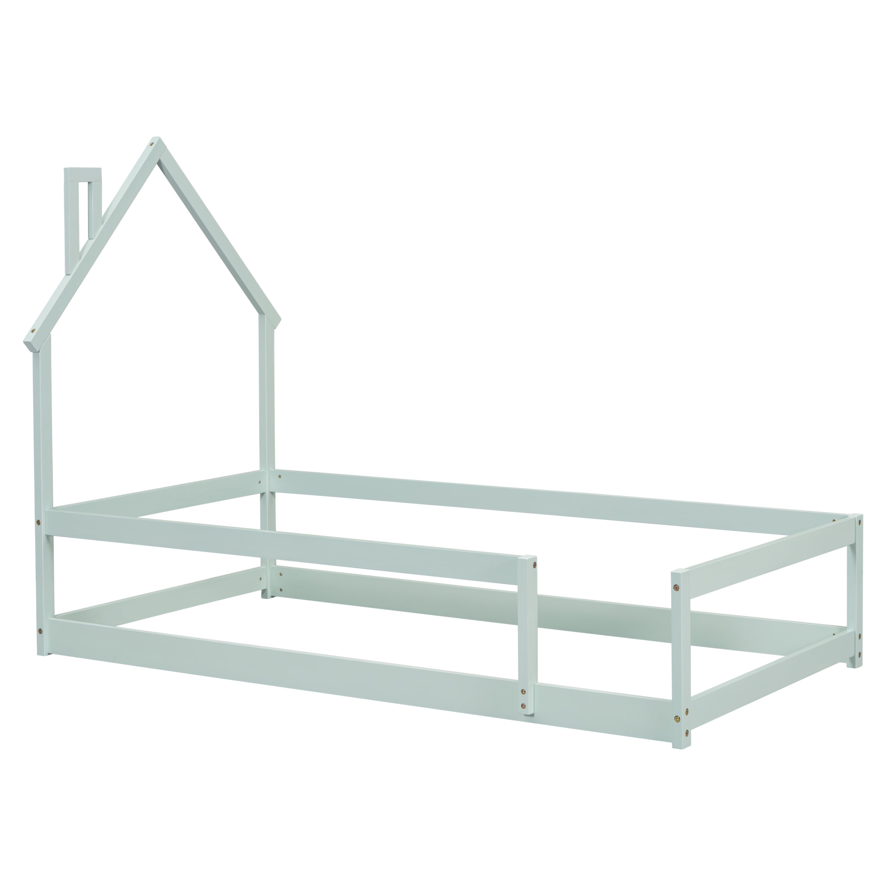 HAOYYE Twin Size Wood Bed with House-Shaped Headboard, Floor Bed with Fences,Sturdy Space-Saving Heavy Duty Modern Design, Easy Assembly for Bedroom or Dorm Room