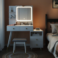 HAOYYE Vanity Dressing Table Set with LED Mirror Cabinet, 4 Drawers, 2-Tier Shelf, Three-Tone Dimmable Light, Pitted Particle Board with Melamine Finish, Solid Wood Legs with Copper Sheath, Modern Makeup Desk with Storage for Bedroom or Dressing Room