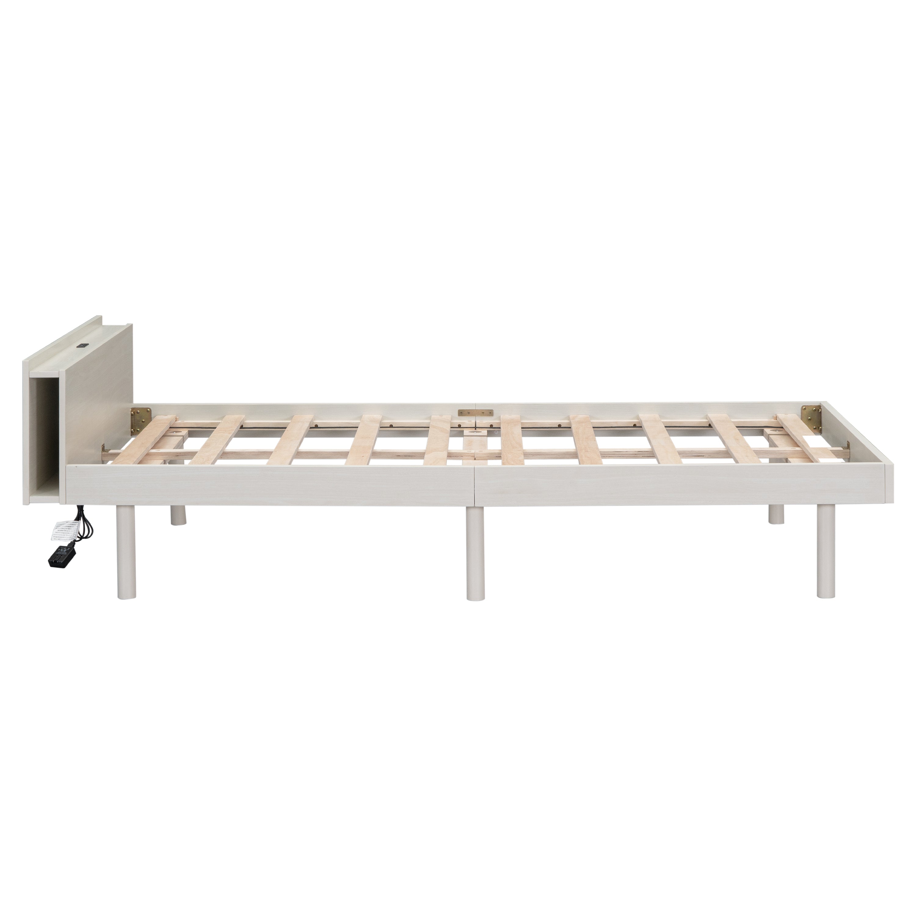 HAOYYE Modern Design Twin Size Platform Bed Frame with Built-in USB Ports for White Washed Color Sturdy Space-Saving Heavy Duty Adults Dorm Room Easy Assembly Bedroom Furniture