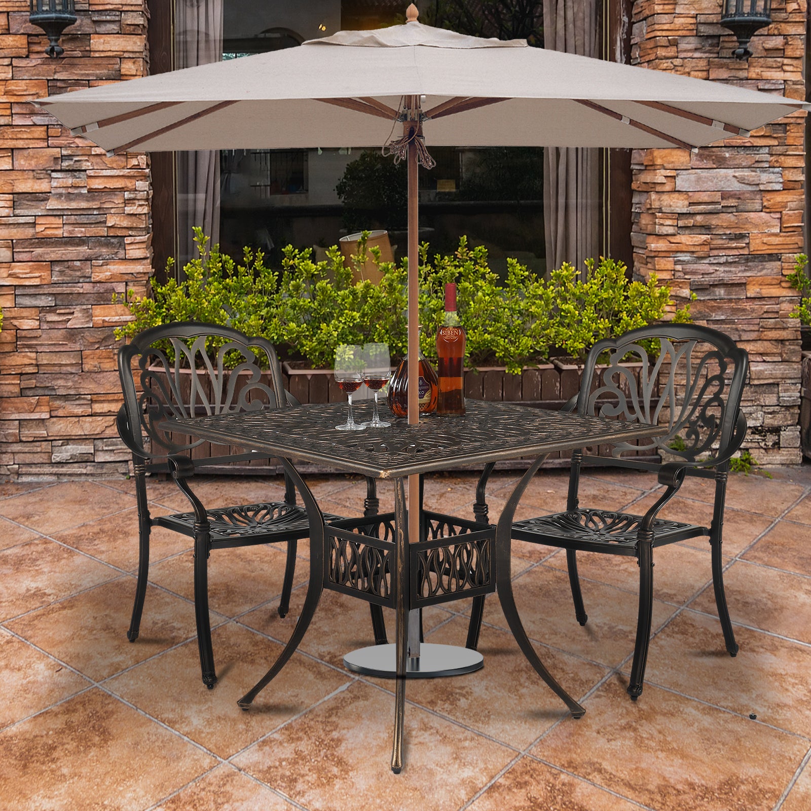 HAOYYE Cast Aluminum Patio Table Bronze Outdoor Square Bistro Table Weather Resistant Courtyard Garden Table with Vintage Style Design for Balcony Backyard Deck Porch