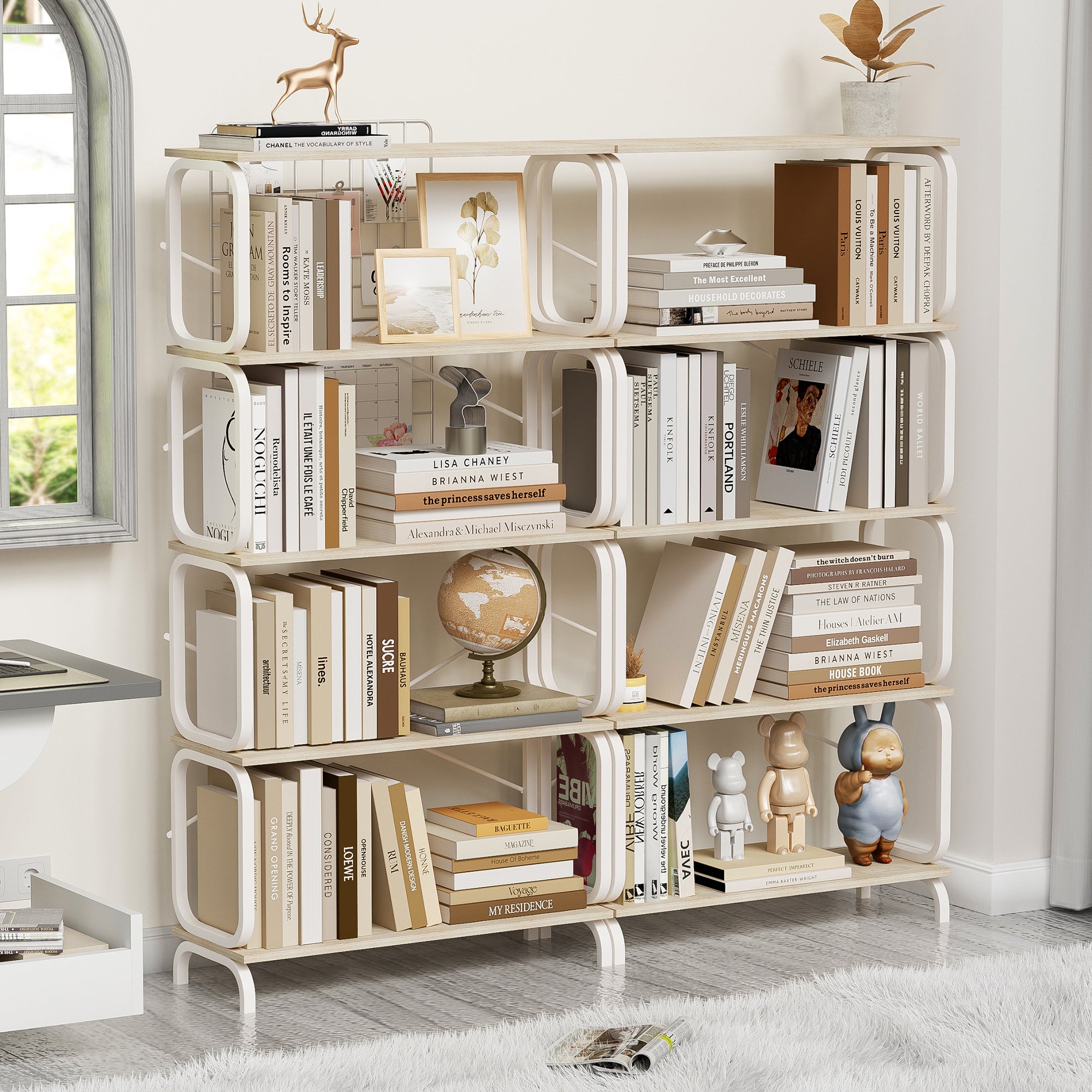 HAOYYE 5 Tier Large Book Shelf, Bookcase Home Office Open Bookshelf,Shelves for Living Room, Office Shelf,Vintage Industrial Style Bookshelf with White Metal Frame, White Sturdy Space-Saving Heavy Duty