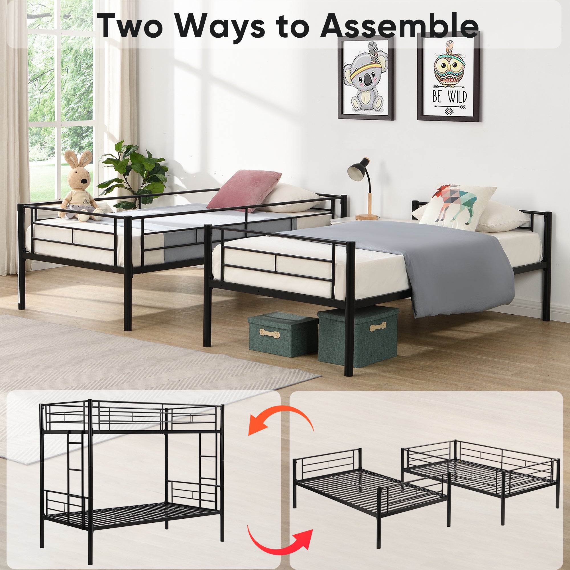 HAOYYE Bunk Bed Twin Over Twin Size with 2 Ladders and Full-Length Guardrail, Metal, Storage Space, No Box Spring Needed, Noise Free, Black Sturdy Space-Saving Heavy Duty Modern Design Easy Assembly Durable