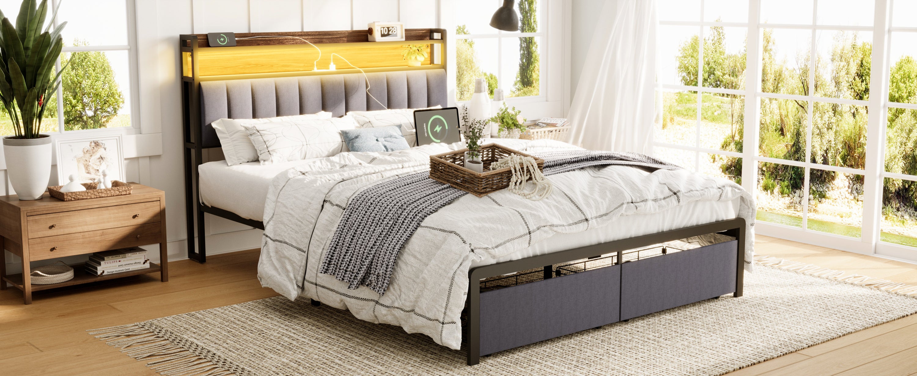 HAOYYE Queen Bed Frame with Storage Headboard and Drawers, LED Upholstered Platform Bed Frame with Built-in Charging Station, No Box Spring Needed, Easy Assembly, Sturdy and Space-Saving Design in Grey for Adults