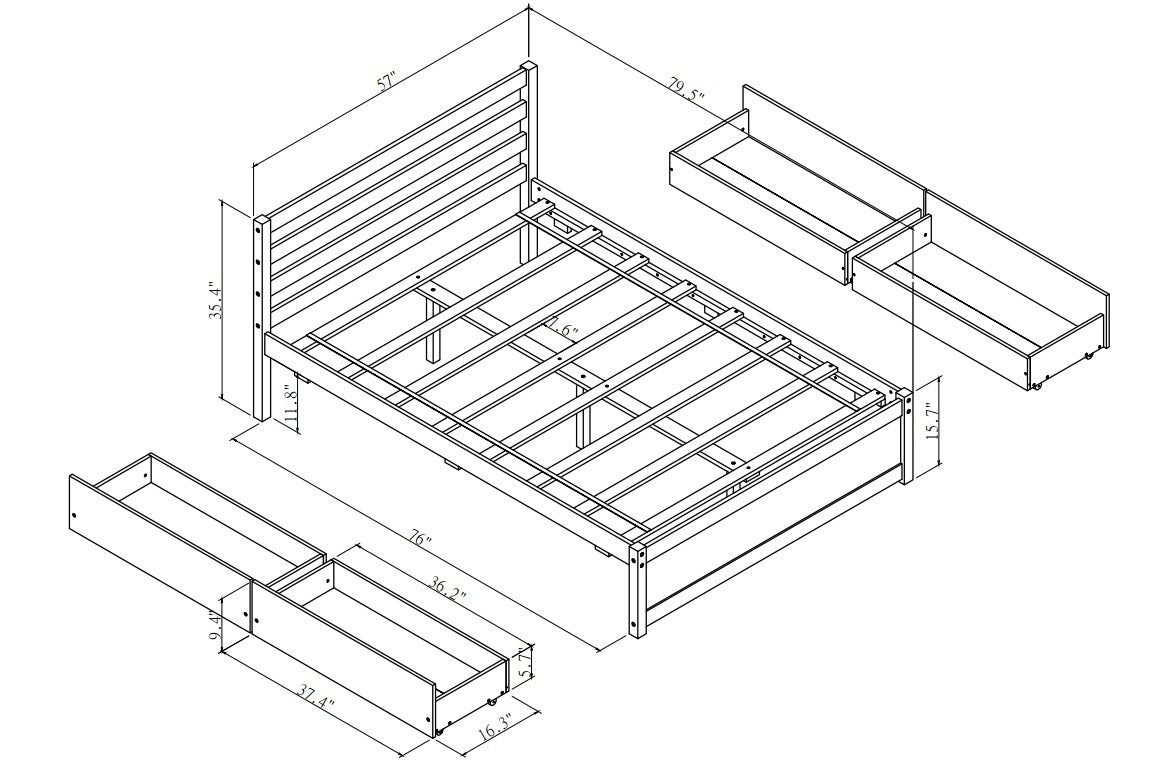 HAOYYE Full Size Wood Platform Bed Frame with 4 Storage Drawers and Headboard of White Color for All Ages Sturdy Space-Saving Heavy Duty Modern Design Adults Dorm Room Easy Assembly Bedroom Furniture