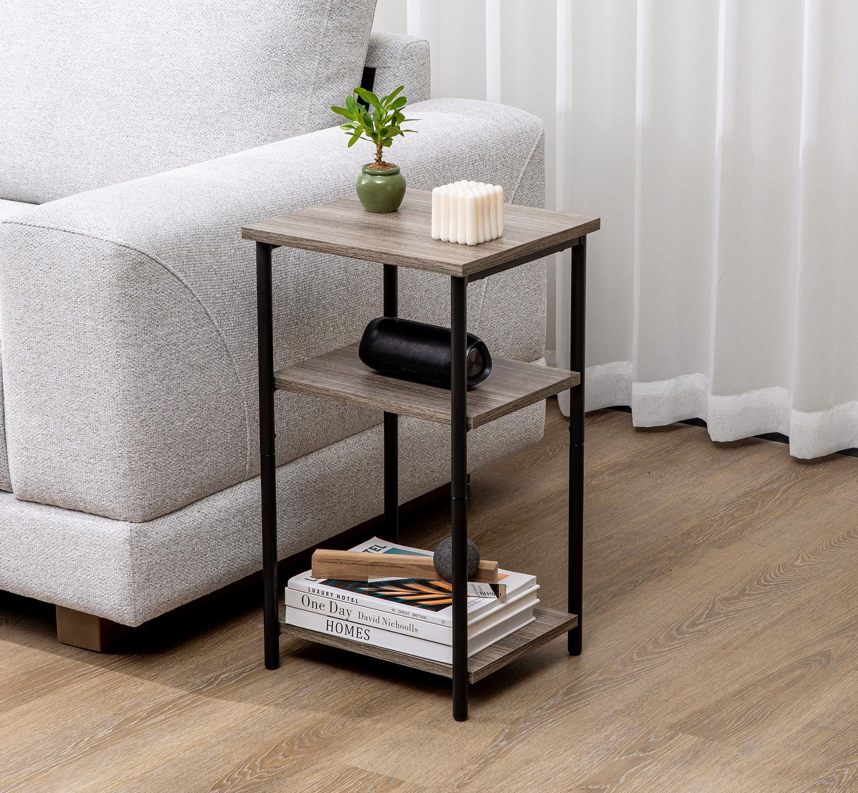 HAOYYE 3-Tier End Table Side Table with Adjustable Feet, Compact Nightstand, Space-Saving Design for Bedroom, Living Room, Office, Sturdy Heavy-Duty Construction, Modern Design, Easy Assembly, Ideal for Adults and Dorm Rooms