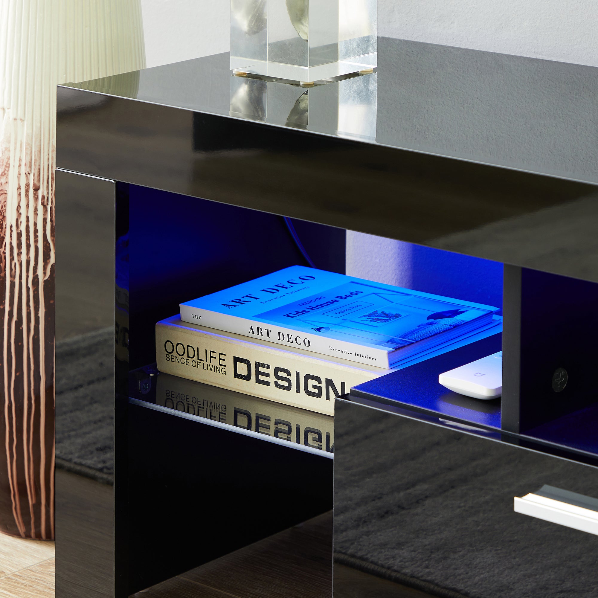 HAOYYE FashionTVstandTVcabinet,EntertainmentCenter,TVstationTV console,media console,with LEDlight belt,light belt remote control,toughenedglassshelf,metal handle,Canbeplaced in the living room,bedroom,black