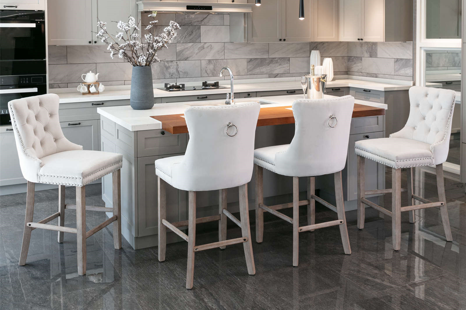 HAOYYE Contemporary Velvet Upholstered Barstools with Button Tufted Decoration and Wooden Legs, and Chrome Nailhead Trim, Leisure Style Bar Chairs,Bar stools, Set of 2 (Beige),SW2002BG Sturdy Space-Saving