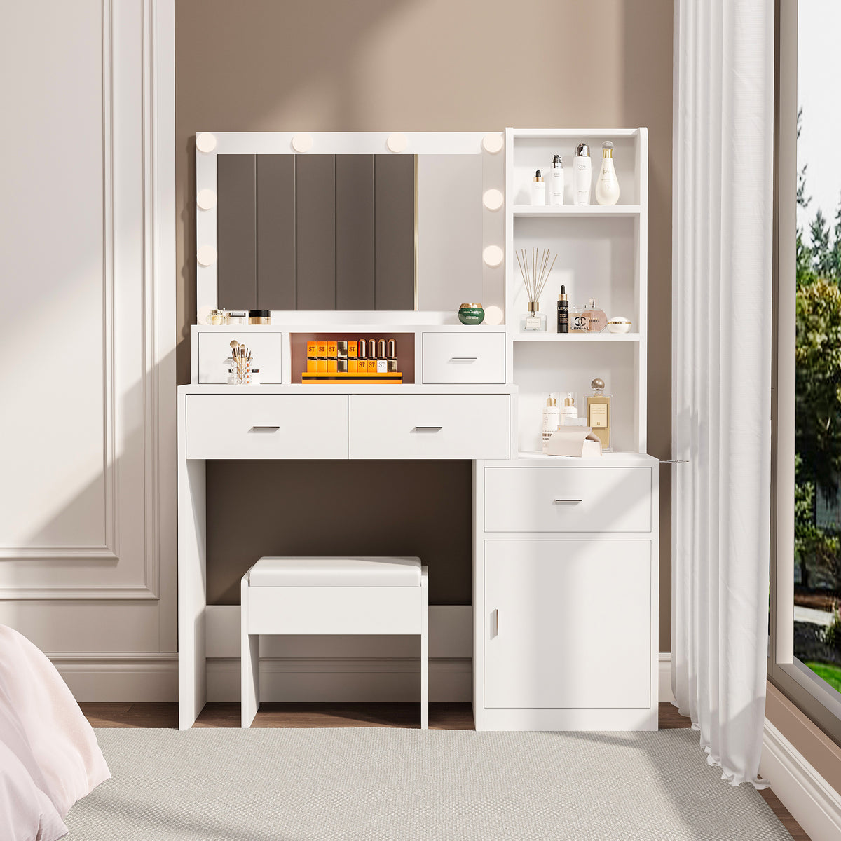 HAOYYE The white vanity with a mirror is equipped with a hair dryer rack, while the vanity in the bedroom and dressing room comes with a dressing pad
