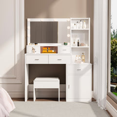 HAOYYE The white vanity with a mirror is equipped with a hair dryer rack, while the vanity in the bedroom and dressing room comes with a dressing pad