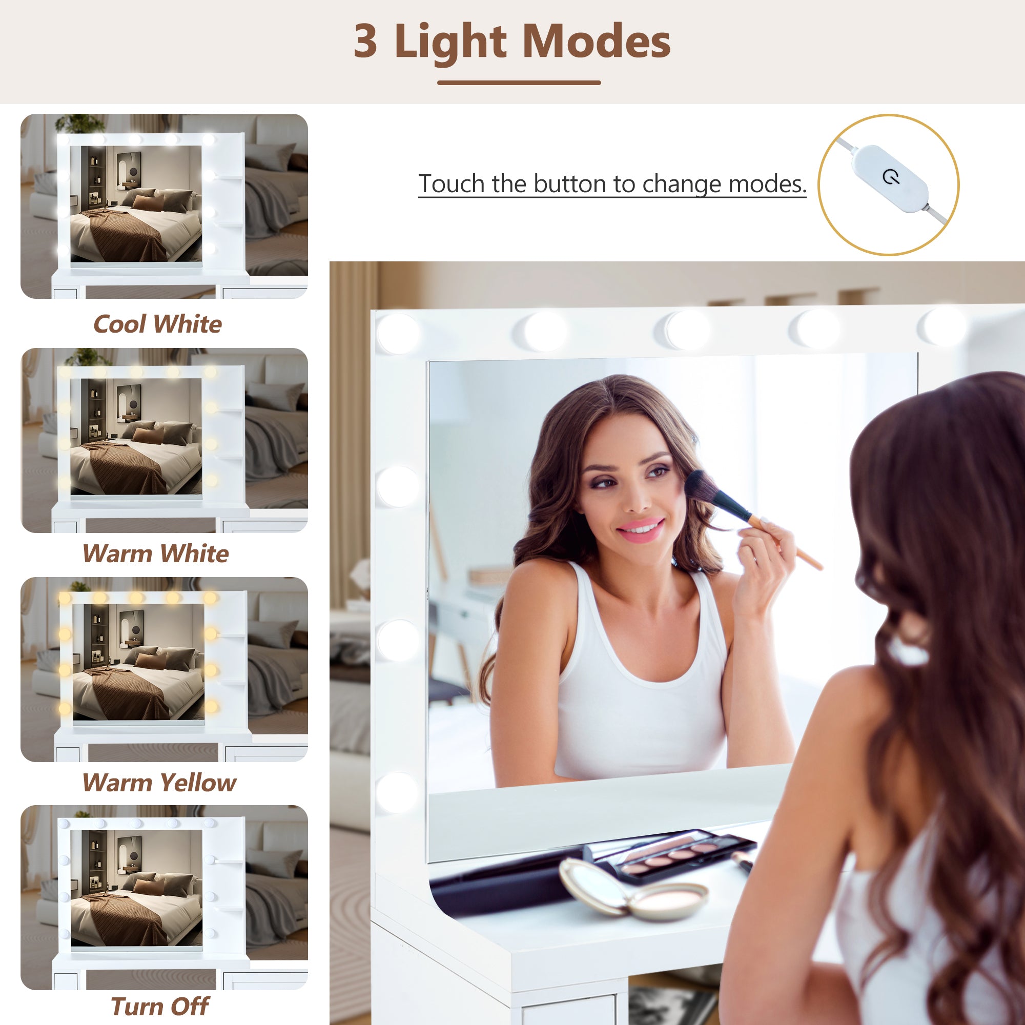 HAOYYE 55.2" Vanity Desk with Freely Adjustable Side Cabinet, Makeup Vanity with Hollywood Lights, 5 Storage Drawers & 2-shelves, Modern Dressing Table, White