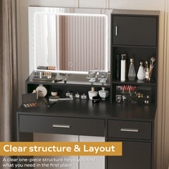 HAOYYE Vanity Desk with Mirror and LED Light Strip, Dressing Table with Large Drawer and Three-Level Storage, Black, Sturdy Space-Saving Design, Adjustable Brightness in Three Lighting Modes, Durable and Stylish Home Furniture