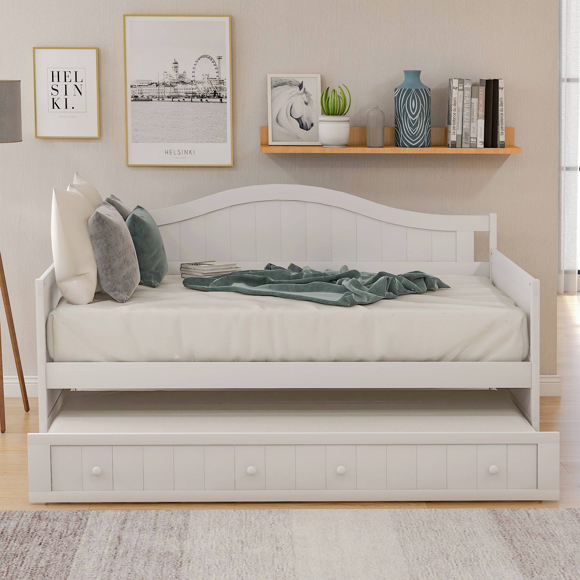 HAOYYE Twin Wooden Daybed with Trundle Bed White Durable Sturdy Space-Saving Heavy Duty Modern Design Easy Assembly Stylish Versatile Sofa Bed for Bedroom and Living Room