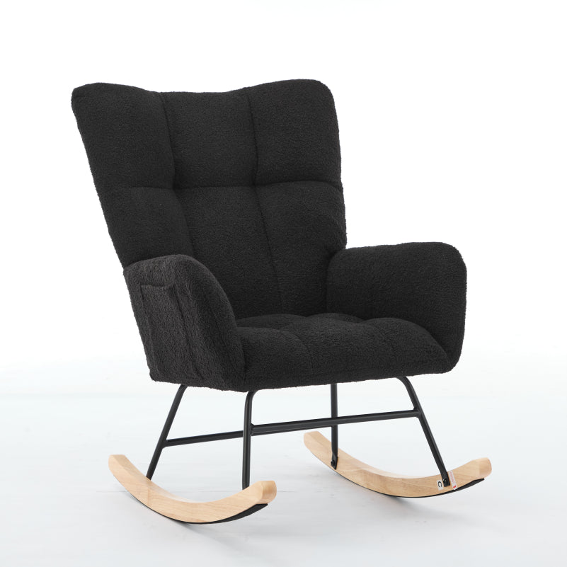 Haoyye Black Modern Nursery Rocking Chair with High Backrest, Soft Teddy Upholstered Glider Accent Armchair with Solid Wood Legs, Gentle Rocker for Bedroom, Living Room, or Nursery, Sturdy and Space-Saving Design for Adults