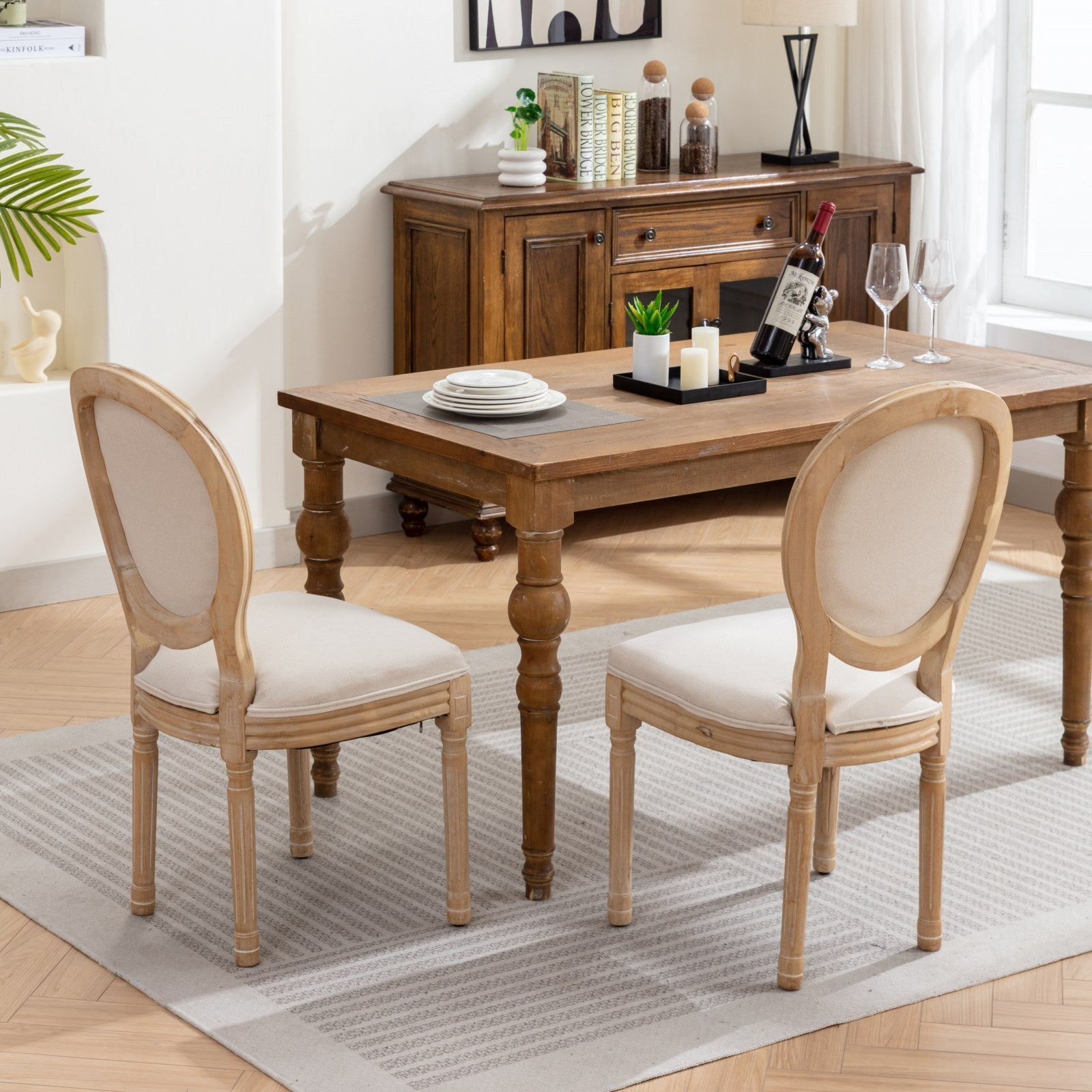 HAOYYE French Style Solid Wood Frame Antique Painting Linen Fabric Back Dining Chair,Set of 2,Beige,SW1845BG Sturdy Space-Saving Heavy Duty Modern Design Adults Dorm Room Easy Assembly