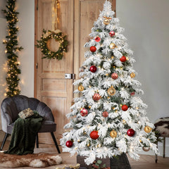 HAOYYE Artificial Flocked LED Lit Christmas Tree with Mixed PE and PVC Branch Tips, Hinged Automatic Structure with Foldable Premium Base, Fireproof Eco-Friendly Material, Easy Assembly, Stable Heavy Duty Stand for Indoor Holiday Decorating