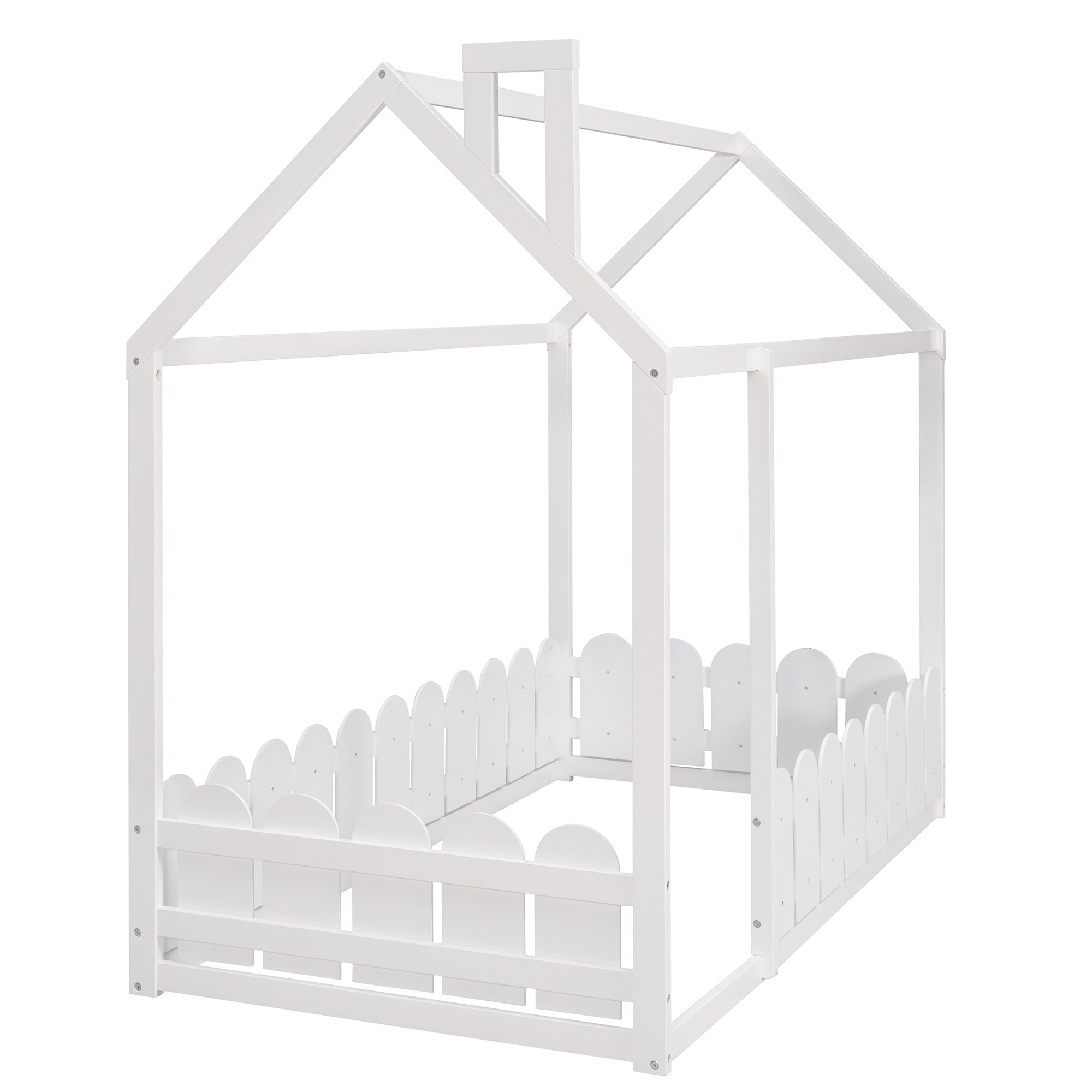 HAOYYE Twin Size Wood Bed House Bed Frame with Fence,for ,Teens, Girls,Boys {White}{OLD SKU:WF194274AAK} Sturdy Space-Saving Heavy Duty Modern Design Adults Dorm Room