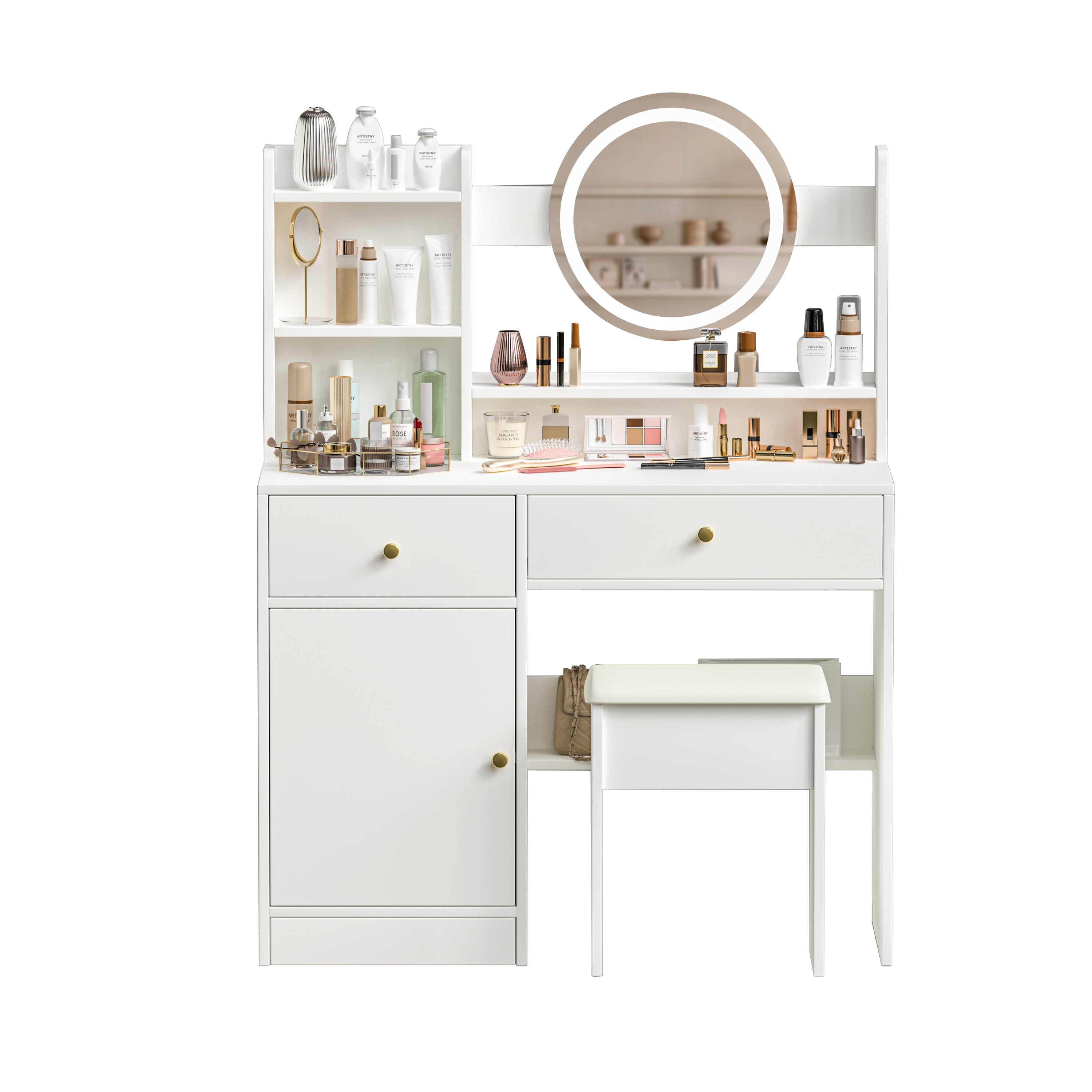 HAOYYE Fashion Vanity Desk with Mirror and Lights for Makeup and Cushioned Chair, Vanity Mirror with Lights and Table Set with 3 Color Lighting Brightness Adjustable,Dressing table, White Color Sturdy