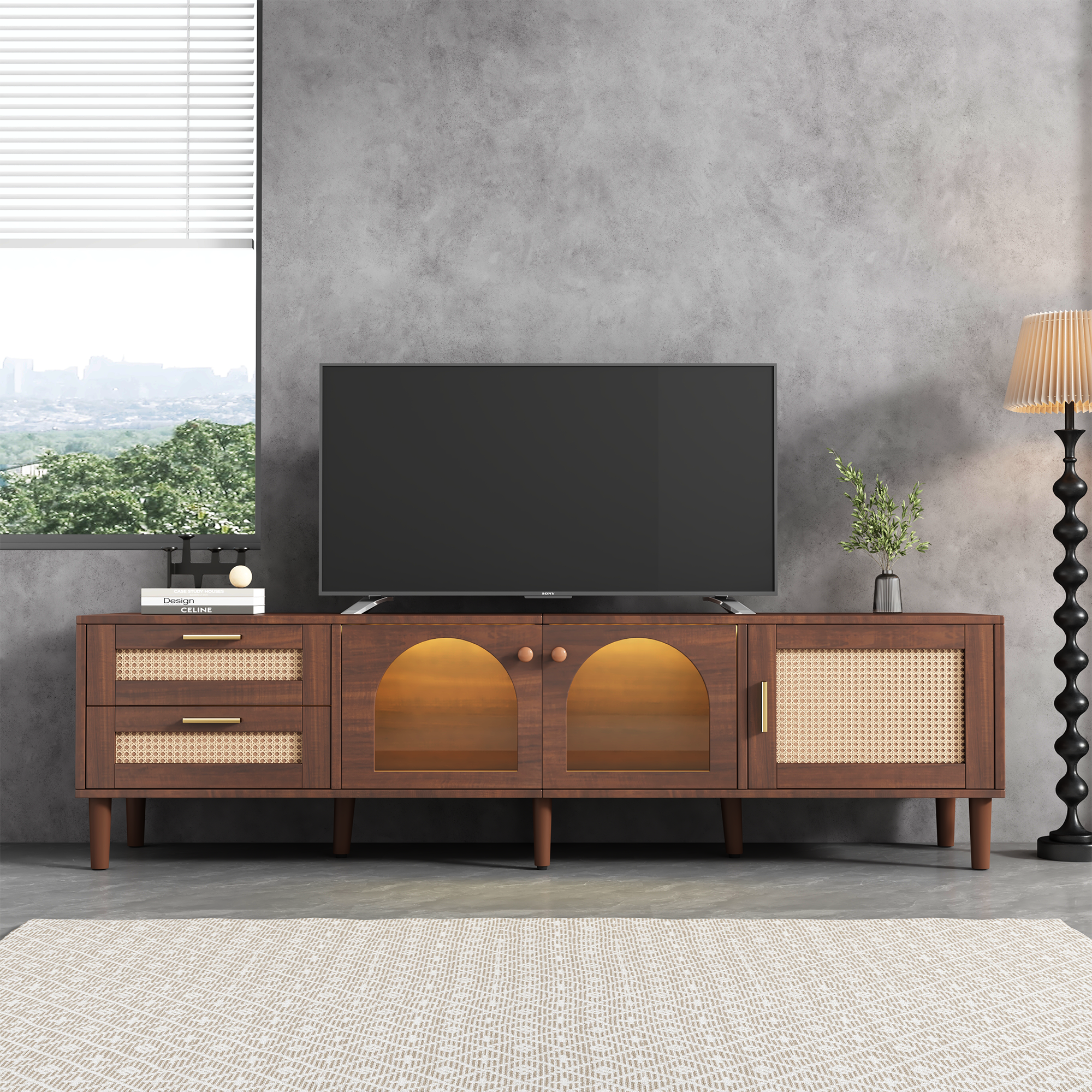 HAOYYE Rattan TV Stand with 3 Cabinets & 2 Drawers, Rattan-Inspired Media Console Table for TVs up to 80", LED Light Entertainment Center, TV Cabinet for Living Room, Bedroom, Home Theater, Sturdy Heavy Duty Construction