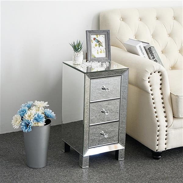 HAOYYE Modern Mirrored Nightstand with 3 Drawers, Contemporary Bedside Table with Glass Surface and Crystal Knobs, Stylish Storage Cabinet for Bedroom Living Room Decor