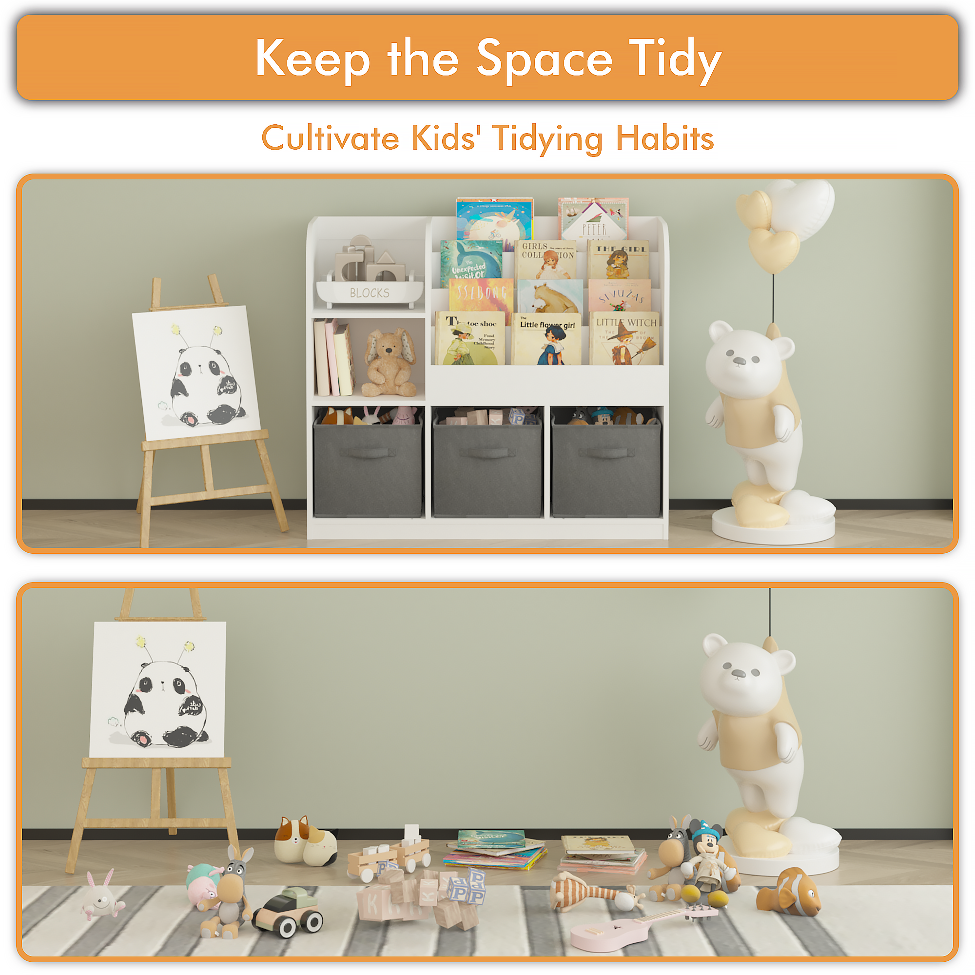 HAOYYE Bookcase and Bookshelf, Multifunctional Display Stand With 3 Collapsible Fabric Drawers, Toy Storage Organizer for Bedroom, Playroom, or Hallway, White/Gray, Sturdy Space-Saving Design