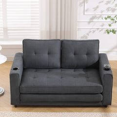 HAOYYE 3-in-1 Upholstered Convertible Futon Sofa Bed, Foldable Tufted Loveseat with Pull-Out Sleeper, Daybed with Side Pockets and Cup Holder, Dark Gray Sturdy Space-Saving Modern Design Easy Assembly