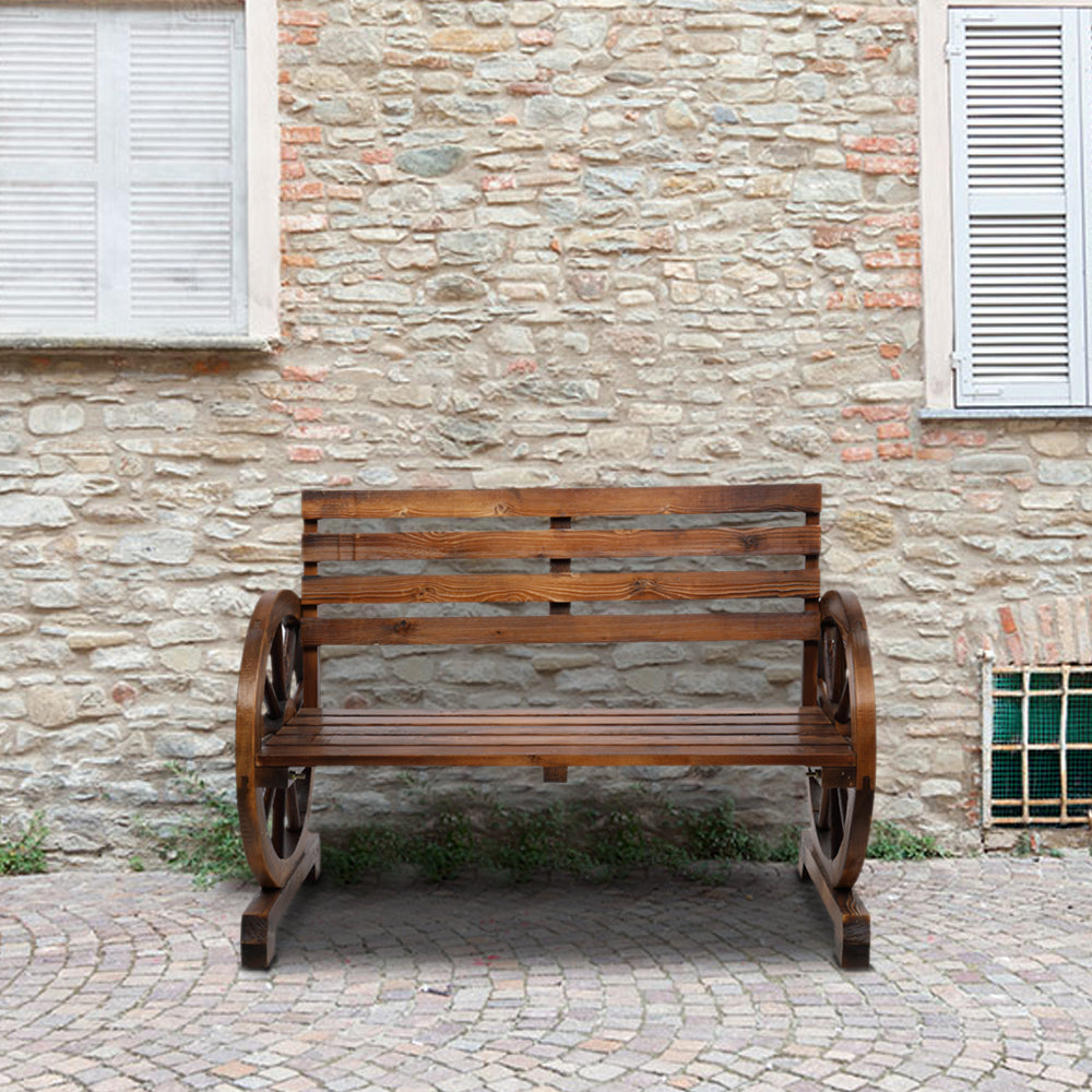HAOYYE Rustic 2-Person Wooden Wagon Wheel Bench with Slatted Seat and Backrest, Durable Solid Fir Wood Construction, Unique Wagon Wheel Armrests, Comfortable Outdoor Patio and Garden Seating, Brown Finish