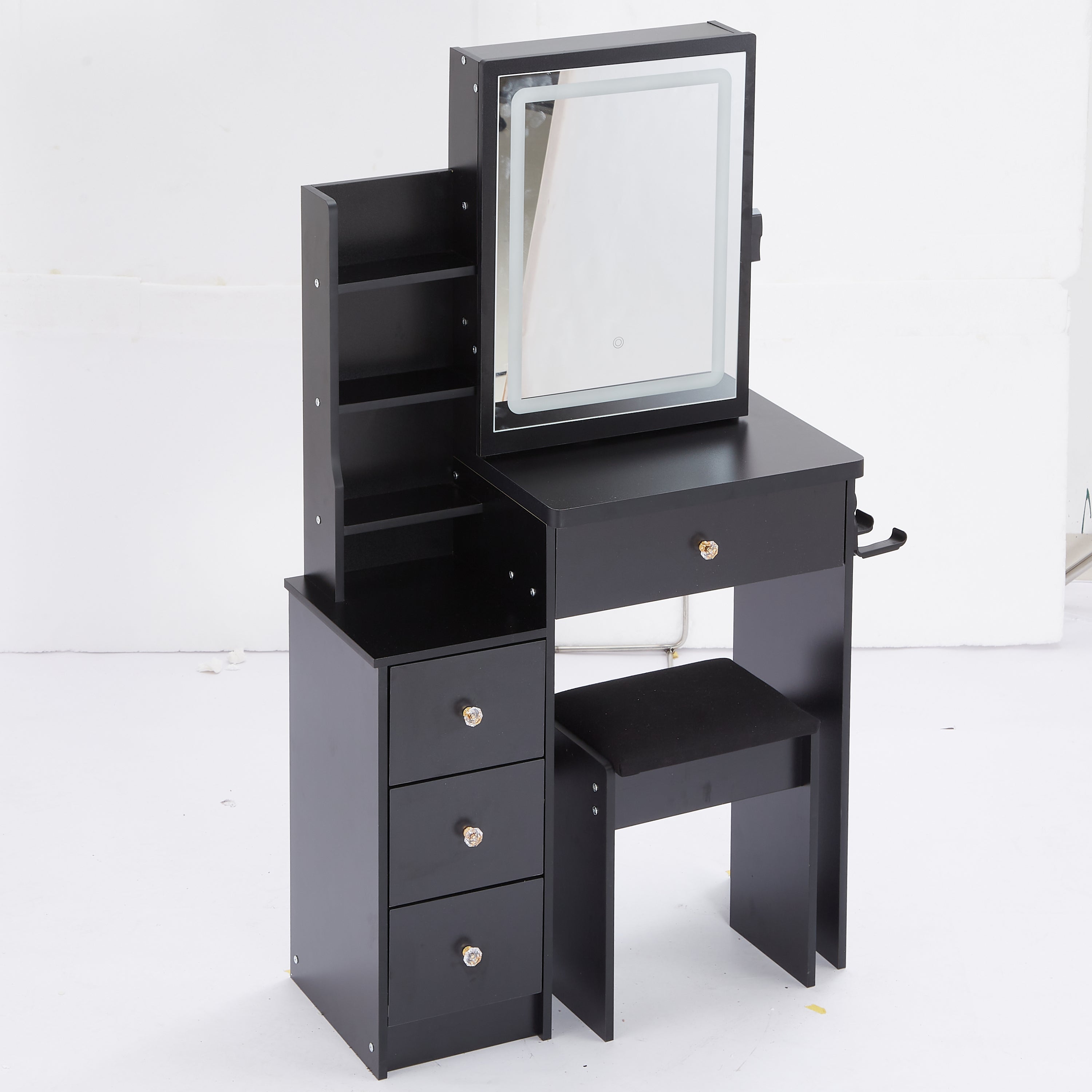 HAOYYE Small Size Left Bedside Cabinet Vanity Table + Cushioned Stool, 2 AC+2 USB Power Station, Hair dryer bracket, Extra Large Touch Control Sliding LED Mirror, Tri-color Switching, EPA,GCC,UL Certificate