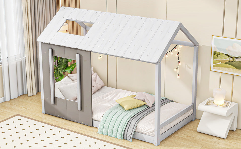 HAOYYE Twin Size House Platform with Roof and Window, White+Antique Grey(Old SKU: WF294130AAE) Sturdy Space-Saving Heavy Duty Modern Design Adults Dorm Room Easy Assembly Bedroom Furniture