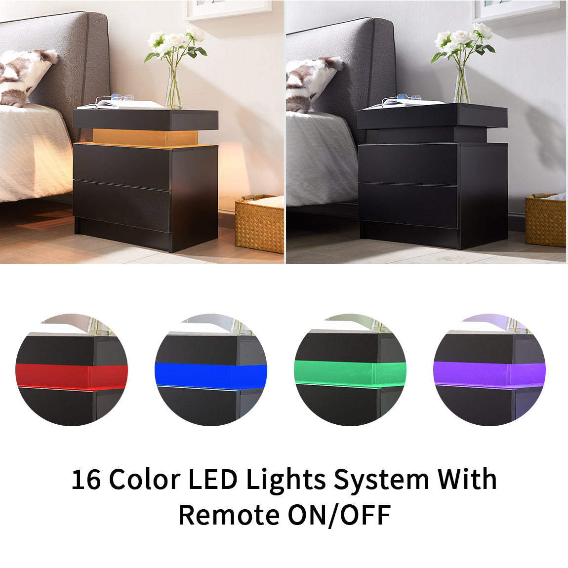 HAOYYE Modern LED Nightstand with 2 Drawers, Black Bedside Table Cabinet with Lights, Sturdy Space-Saving Design, Heavy Duty, Easy Assembly, Ideal for Bedroom or Dorm Room Furniture