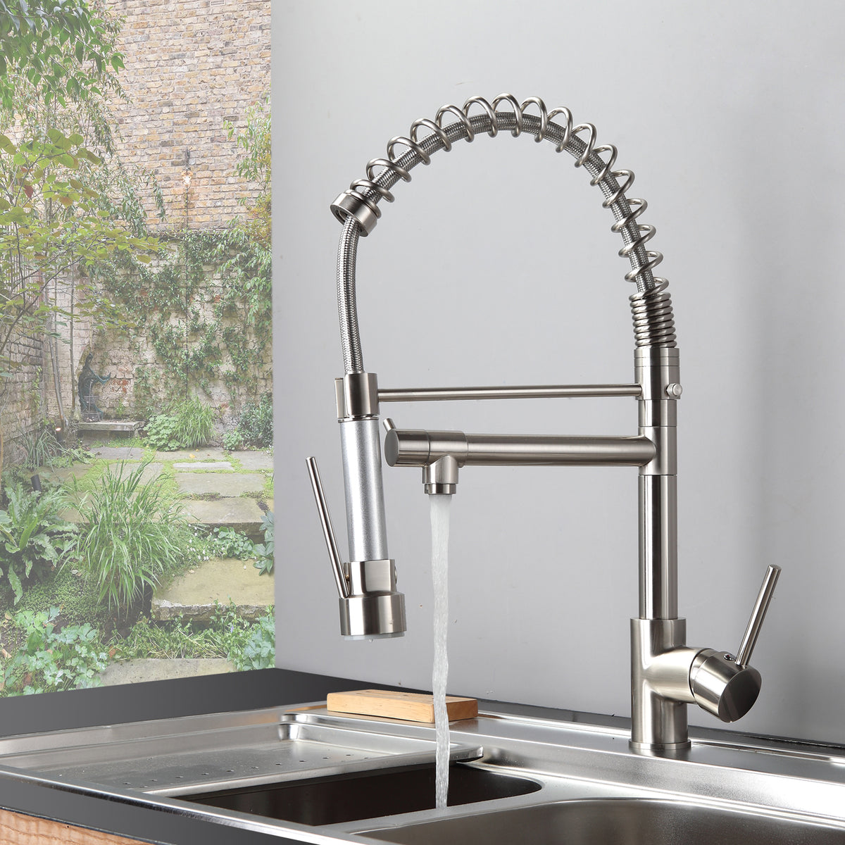 HAOYYE Kitchen Faucet with Pull Down Sprayer Brushed Nickel Stainless Steel Single Handle Kitchen Sink Faucets Sturdy Space-Saving Heavy Duty Modern Design Adults Dorm Room Easy Assembly