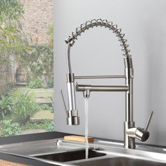 HAOYYE Kitchen Faucet with Pull Down Sprayer Brushed Nickel Stainless Steel Single Handle Kitchen Sink Faucets Sturdy Space-Saving Heavy Duty Modern Design Adults Dorm Room Easy Assembly
