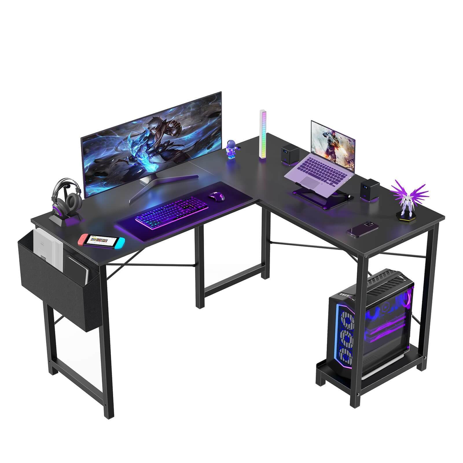 Haoyye L Shaped Gaming Desk, Modern Corner Computer Desk with Side Storage Bag and CPU Tray, Modular Design for U or L Shape Setup, Sturdy Metal Frame Workstation for Home Office, Space-Saving and Easy to Assemble Versatile Gaming Table