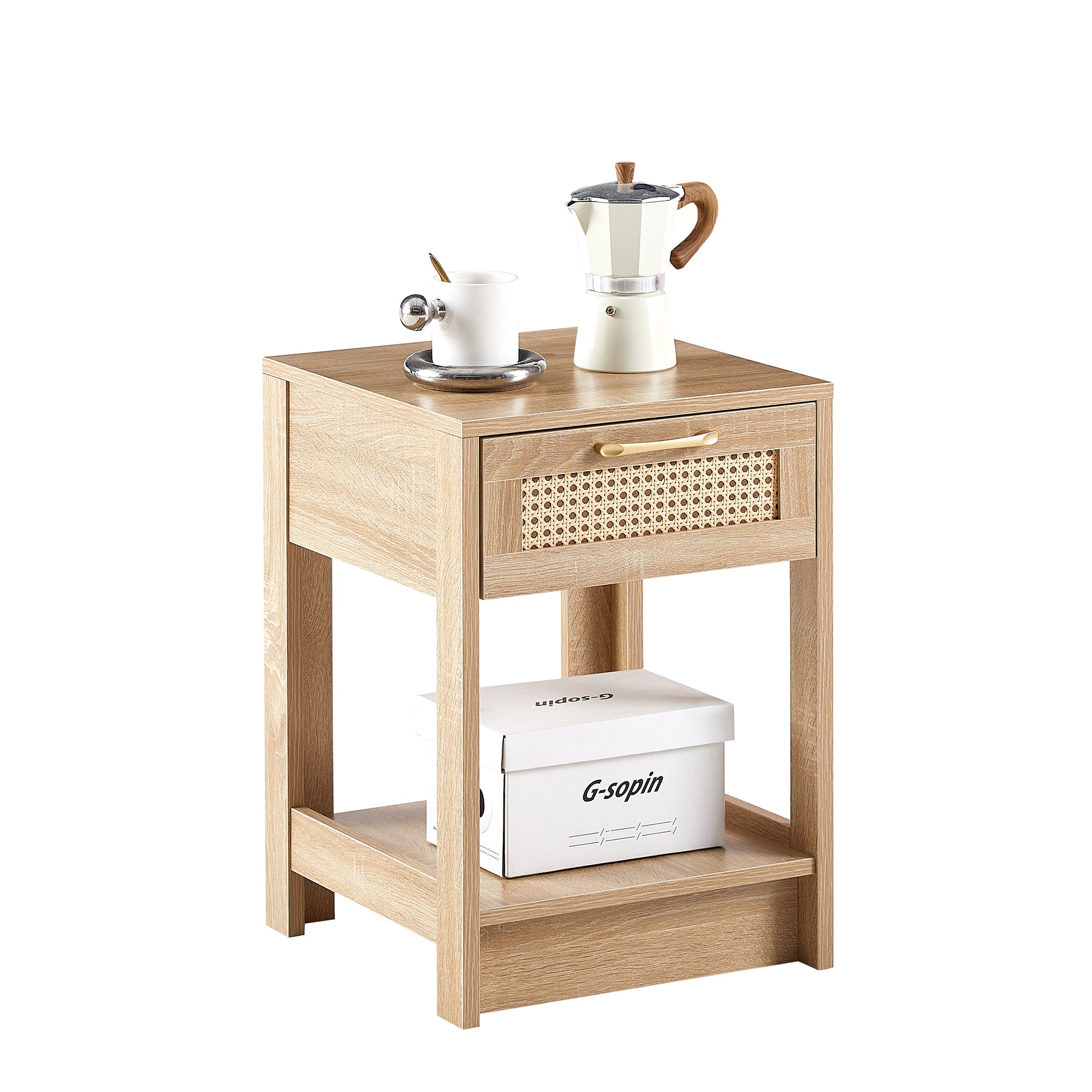 HAOYYE Natural Rattan End Table with Drawer, Modern Nightstand, Side Table for Living Room and Bedroom, Sturdy Space-Saving Design, Heavy Duty Construction, Easy Assembly